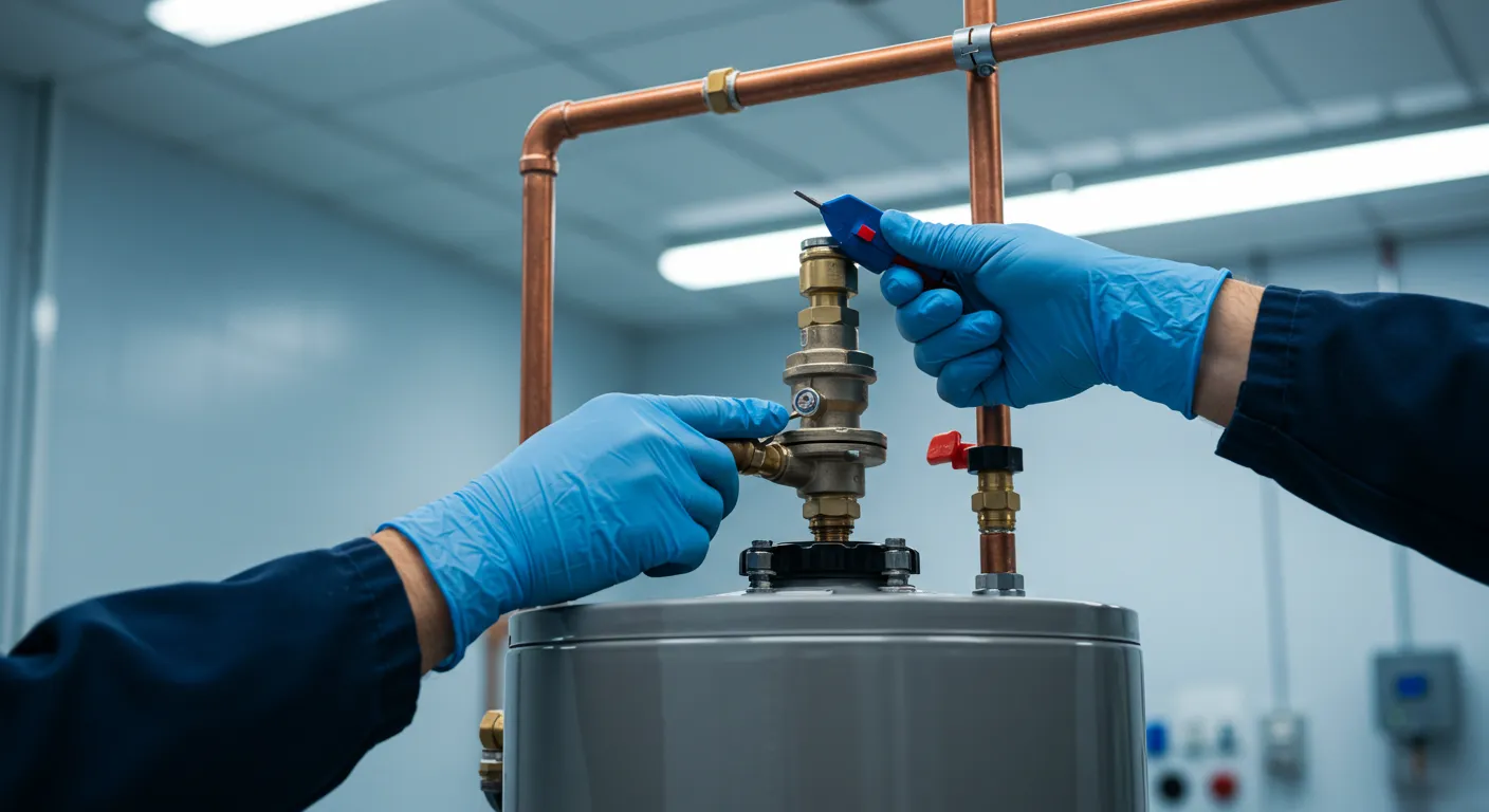 Two plumbers in blue gloves work together on copper pipe fittings at the top of a water heater.