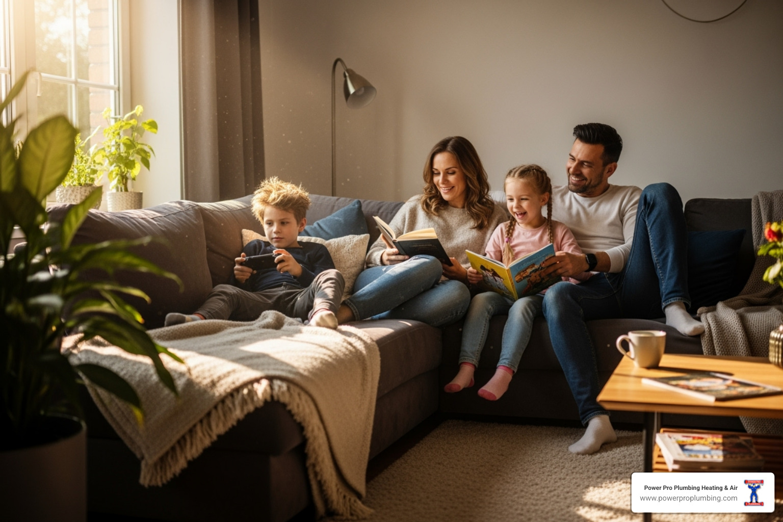 a family relaxing comfortably in their living room on a sunny day - ac installation long beach