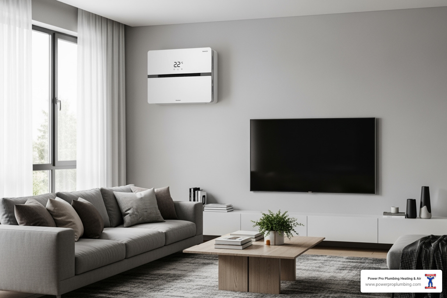 a sleek, wall-mounted ductless mini-split unit in a living room - ac installation long beach