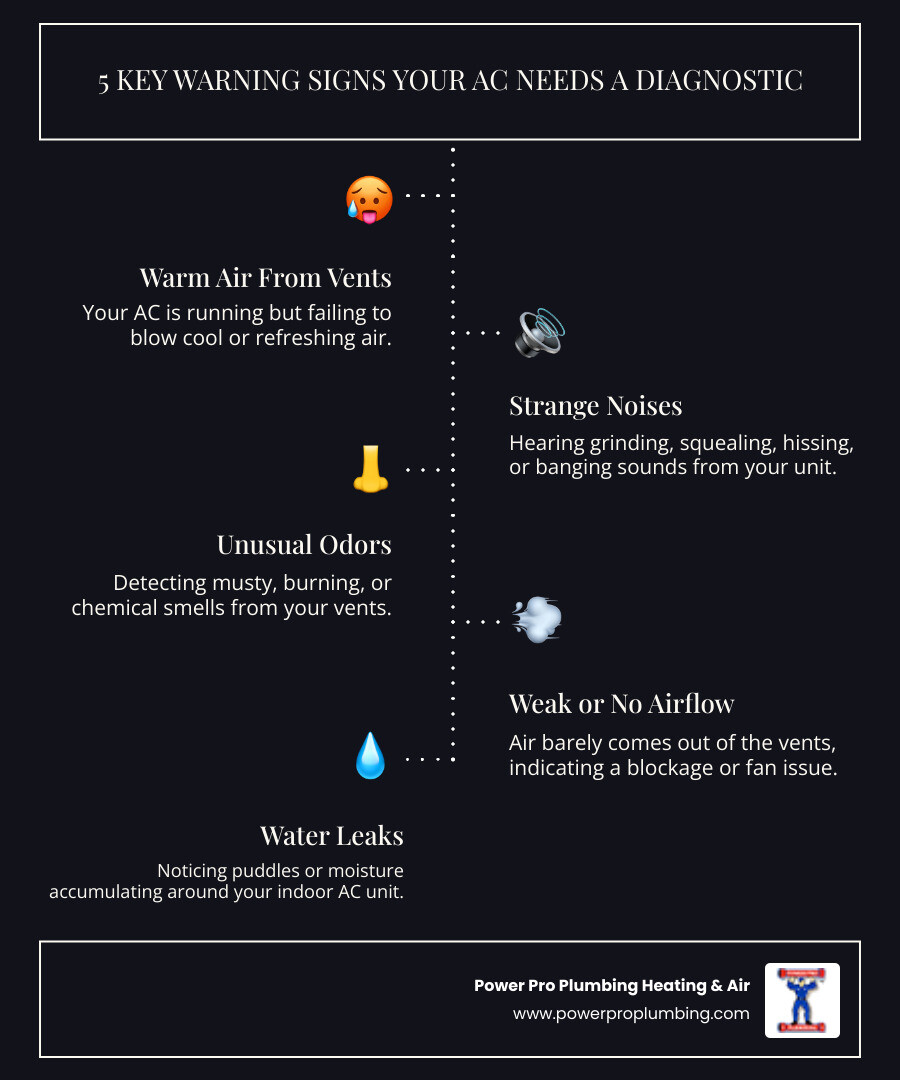 Infographic showing the 5 key warning signs that indicate your AC system needs professional diagnostic service: warm air from vents, strange noises like grinding or squealing, unusual musty or burning odors, weak or no airflow, and water leaking around the unit - AC diagnostic service infographic infographic-line-5-steps-dark