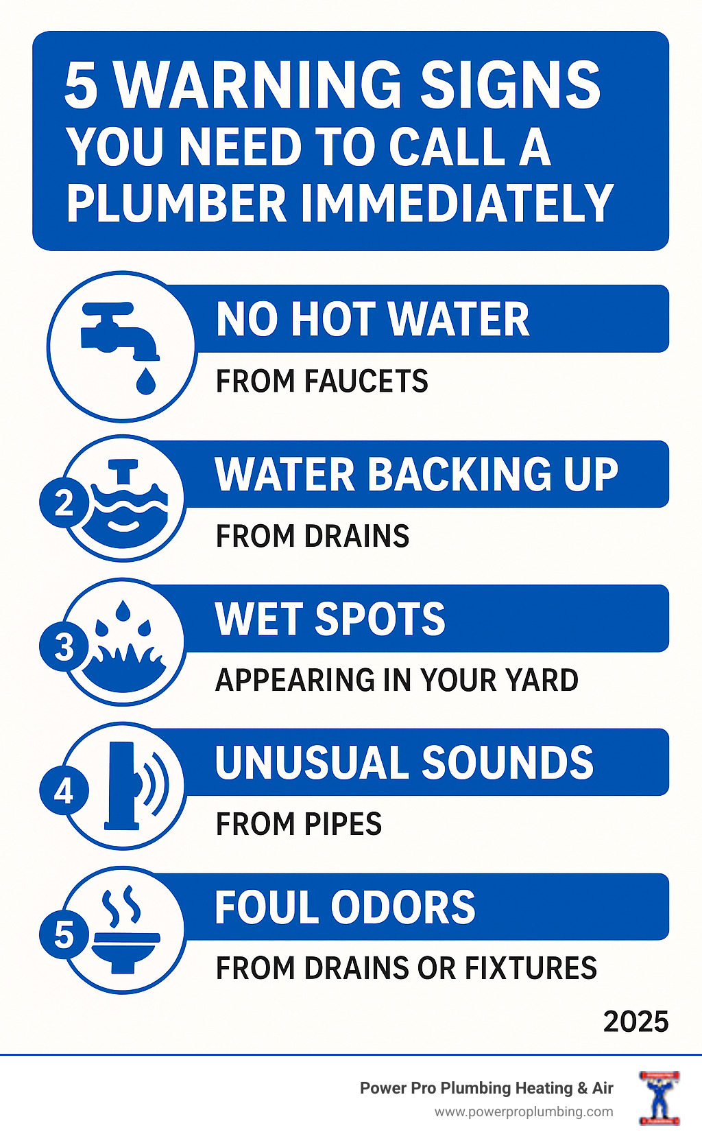 Infographic showing 5 warning signs you need to call a plumber immediately: no hot water from faucets, water backing up from drains, wet spots appearing in your yard, unusual sounds from pipes, and foul odors from drains or fixtures - plumbers in anaheim ca infographic 