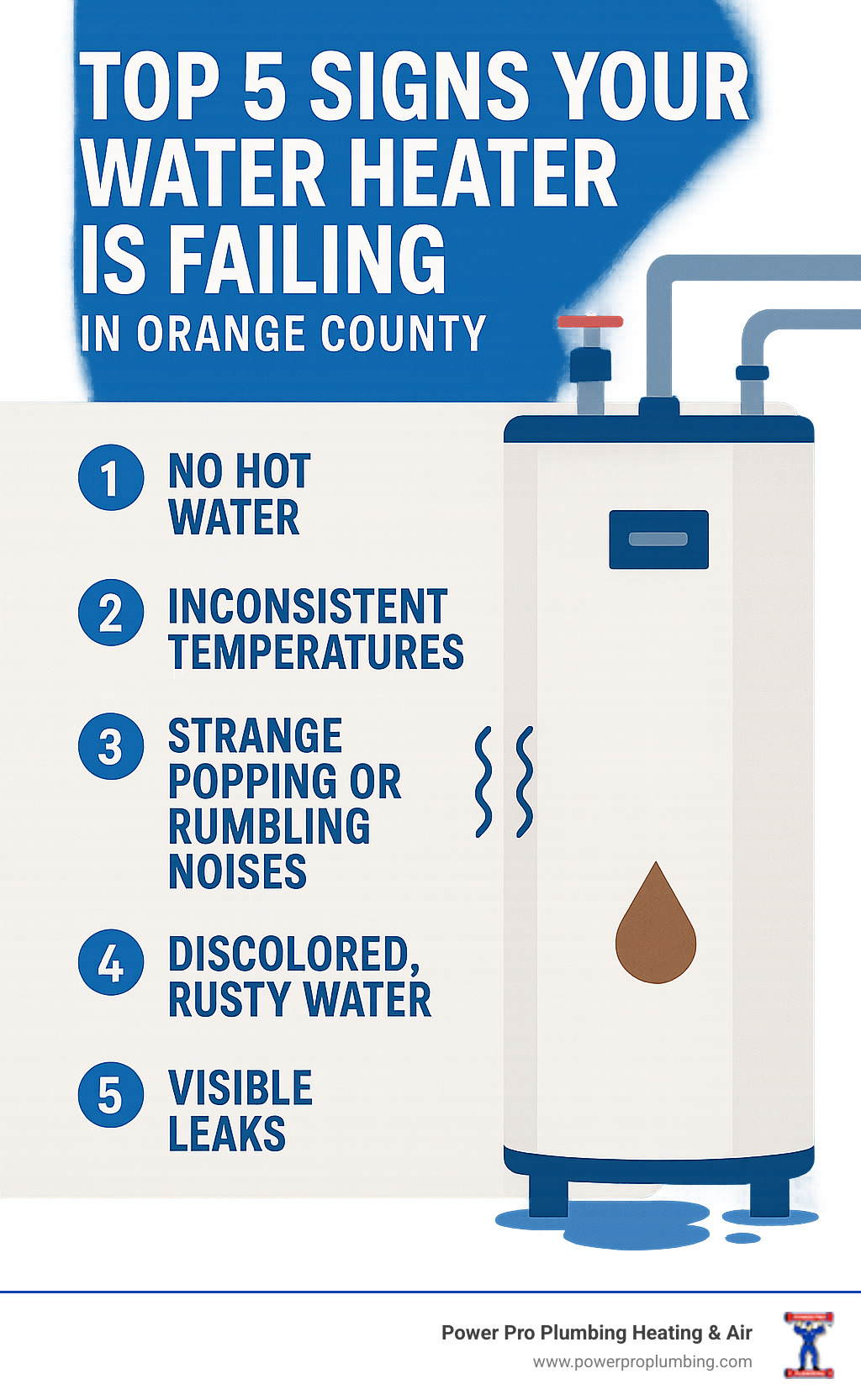 Top 5 signs your water heater is failing in Orange County including no hot water, inconsistent temperatures, strange popping or rumbling noises, discolored rusty water, and visible leaks around the tank base - water heater repair orange ca infographic 