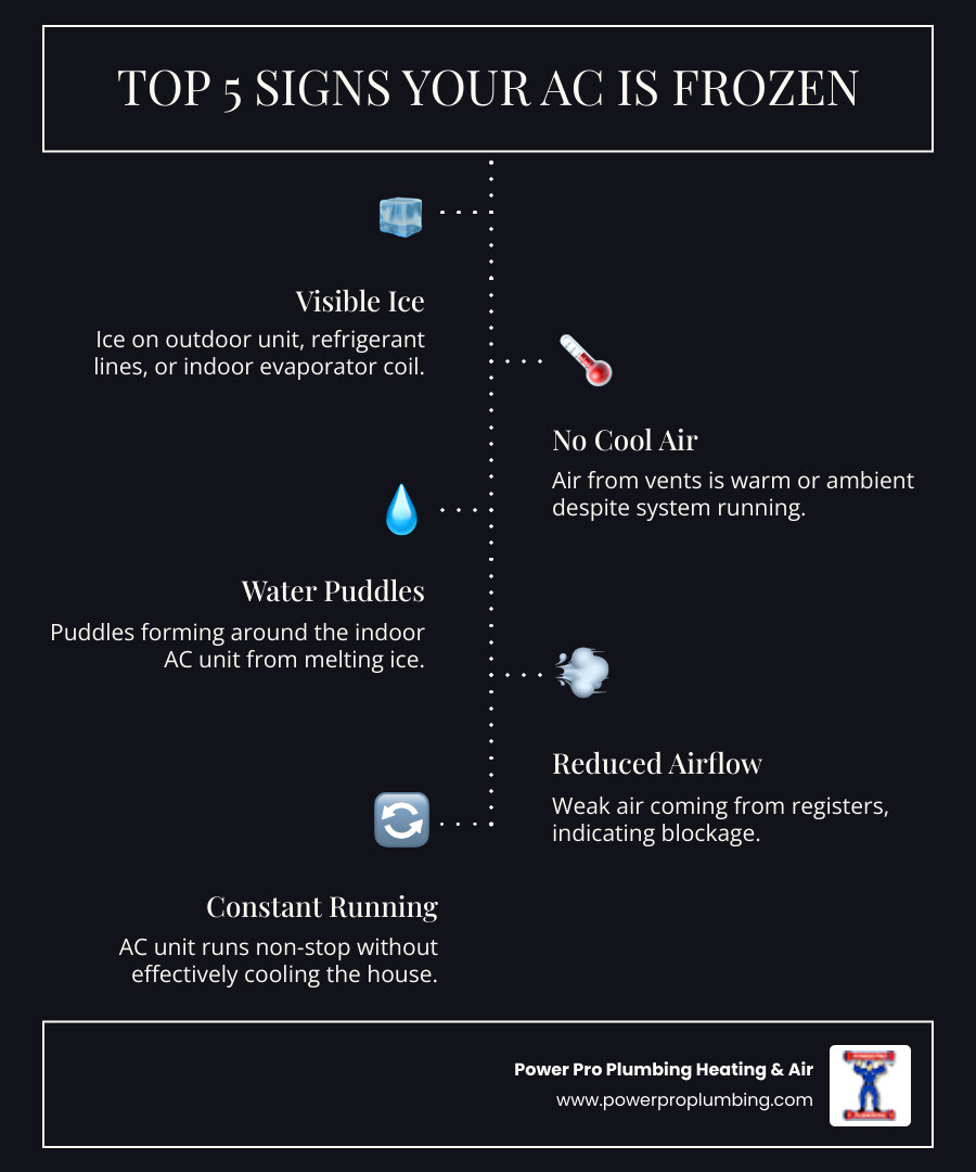 Infographic showing the top 5 signs of a frozen AC system: visible ice formation on coils and refrigerant lines, no cool air from vents, water puddles near indoor unit, reduced airflow with warm air, and system running constantly without cooling the house - AC system freezing up infographic infographic-line-5-steps-dark