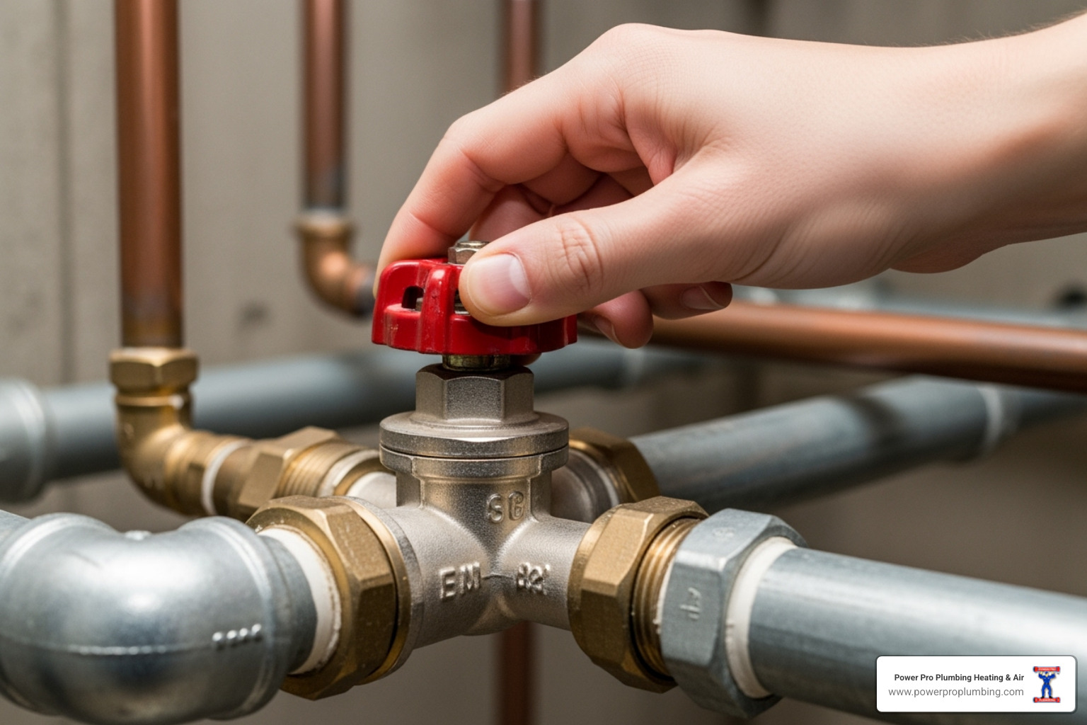 A hand turning a main water shut-off valve - emergency plumbing long beach