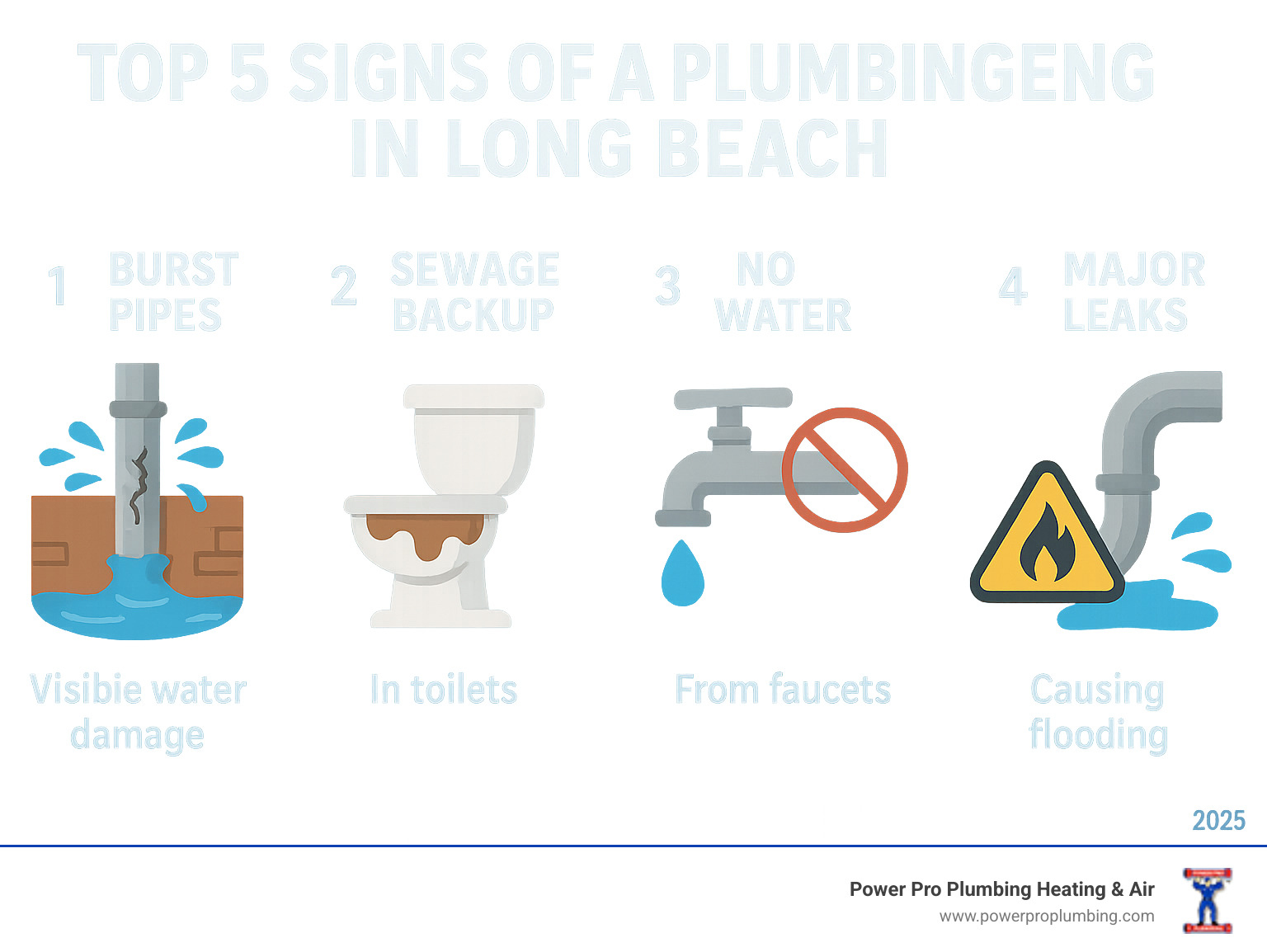 Infographic showing the top 5 signs of a plumbing emergency in Long Beach: burst pipes with visible water damage, sewage backup in toilets, no water supply from faucets, gas leak warning signs, and major leaks causing flooding - emergency plumbing long beach infographic 