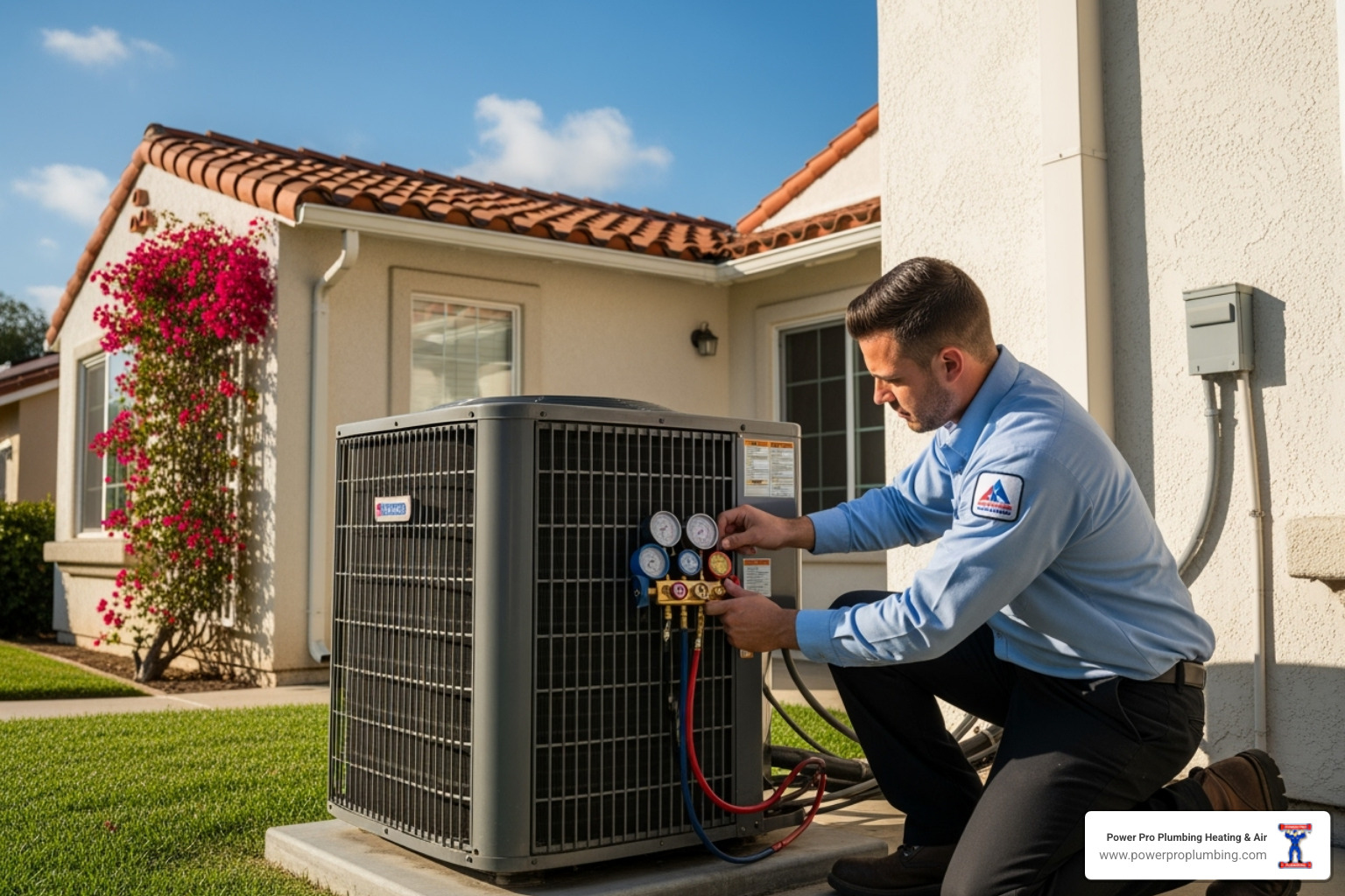 A technician from Power Pro Plumbing Heating & Air performing an AC maintenance check on an outdoor unit, with a clear blue sky and a well-maintained Long Beach home in the background. - ac maintenance long beach