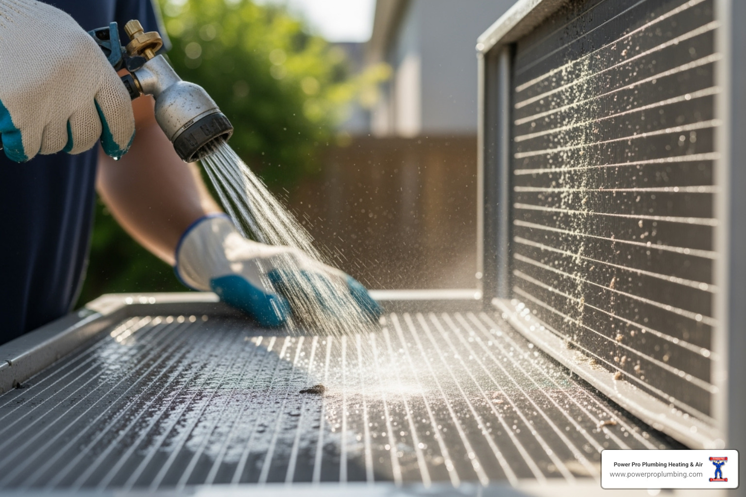 A close-up image of a technician cleaning the outdoor coils of an AC condenser unit. - ac maintenance long beach