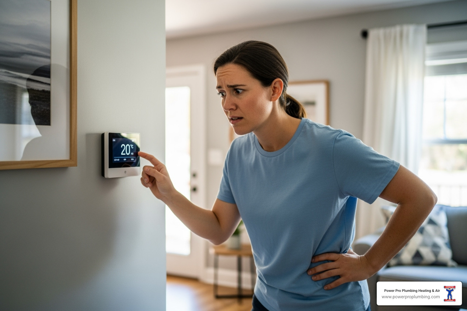 A homeowner looking quizzically at their thermostat, indicating a problem with the AC system. - ac maintenance long beach
