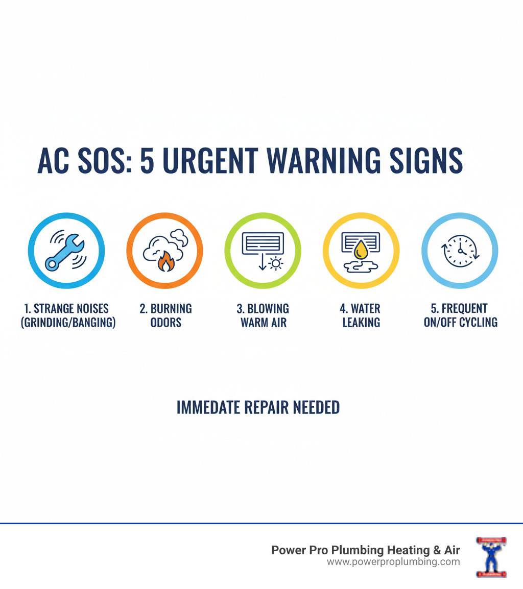 Infographic showing the top 5 warning signs that your AC needs immediate repair: 1) Strange noises like grinding or banging, 2) Burning or unusual odors from vents, 3) AC running but blowing warm air, 4) Water pooling around the unit, 5) Frequent cycling on and off - 24‑hour ac repair los angeles infographic Infographic showing the top 5 warning signs that your AC needs immediate repair: 1) Strange noises like grinding or banging, 2) Burning or unusual odors from vents, 3) AC running but blowing warm air, 4) Water pooling around the unit, 5) Frequent cycling on and off - 24‑hour ac repair los angeles infographic