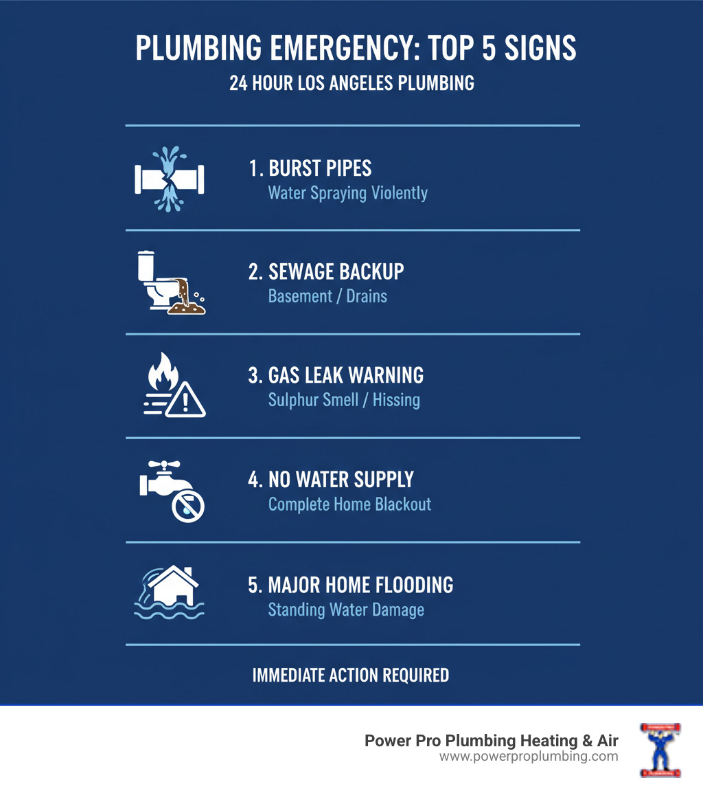 Infographic showing the top 5 signs you have a plumbing emergency: burst pipes with water spraying, sewage backup in basement, gas leak warning signs, complete loss of water supply, and major flooding in home - 24 hour emergency plumbing los angeles infographic 