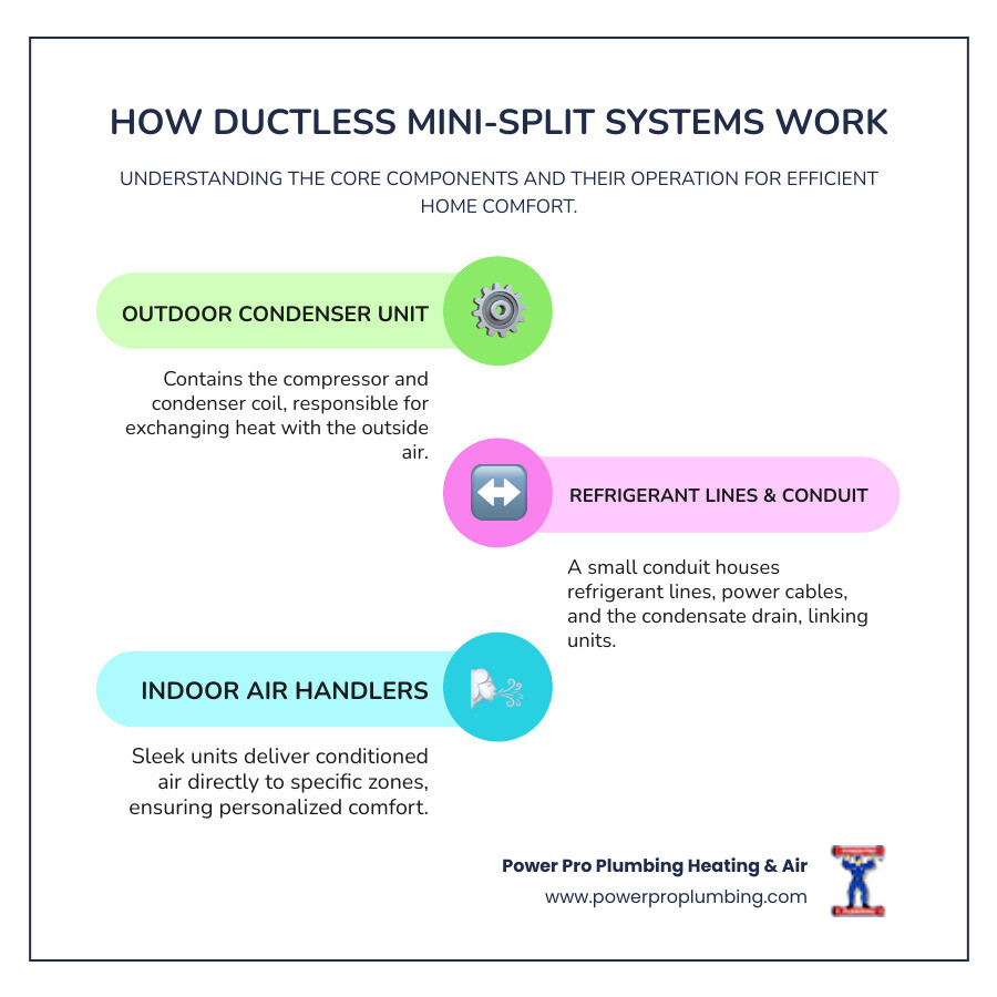 Comprehensive guide showing ductless mini-split system components including outdoor condenser unit, indoor air handlers, refrigerant lines, and remote control, with arrows indicating airflow and refrigerant circulation for both heating and cooling modes - local ductless ac contractor pomona infographic infographic-line-3-steps-colors
