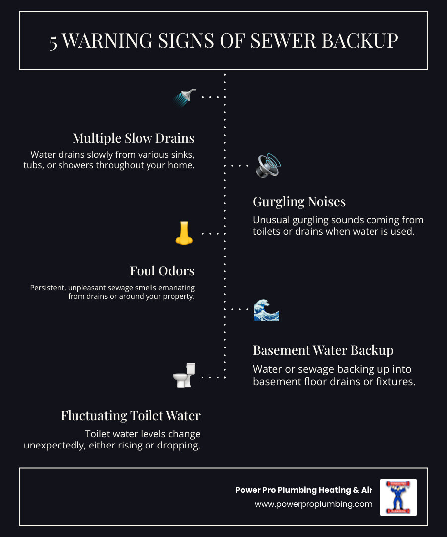 Infographic showing the 5 warning signs of sewer backup: multiple slow drains throughout the house, gurgling sounds from toilets and drains, sewage odors in the home, water backing up in basement drains, and toilet water levels that fluctuate unexpectedly - blocked sewer cleaning ontario infographic infographic-line-5-steps-dark