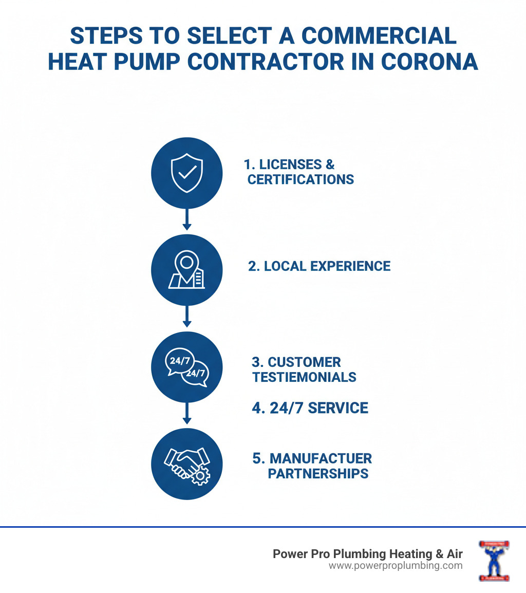 Infographic showing the step-by-step process of selecting a commercial heat pump contractor in Corona, including checking licenses and certifications, verifying local experience, reviewing customer testimonials, confirming 24/7 service availability, and ensuring manufacturer partnerships - commercial heat pump contractor corona infographic 
