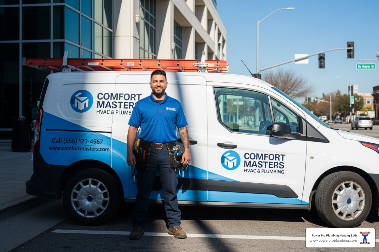 professional uniformed technician with branded van - commercial heat pump contractor corona