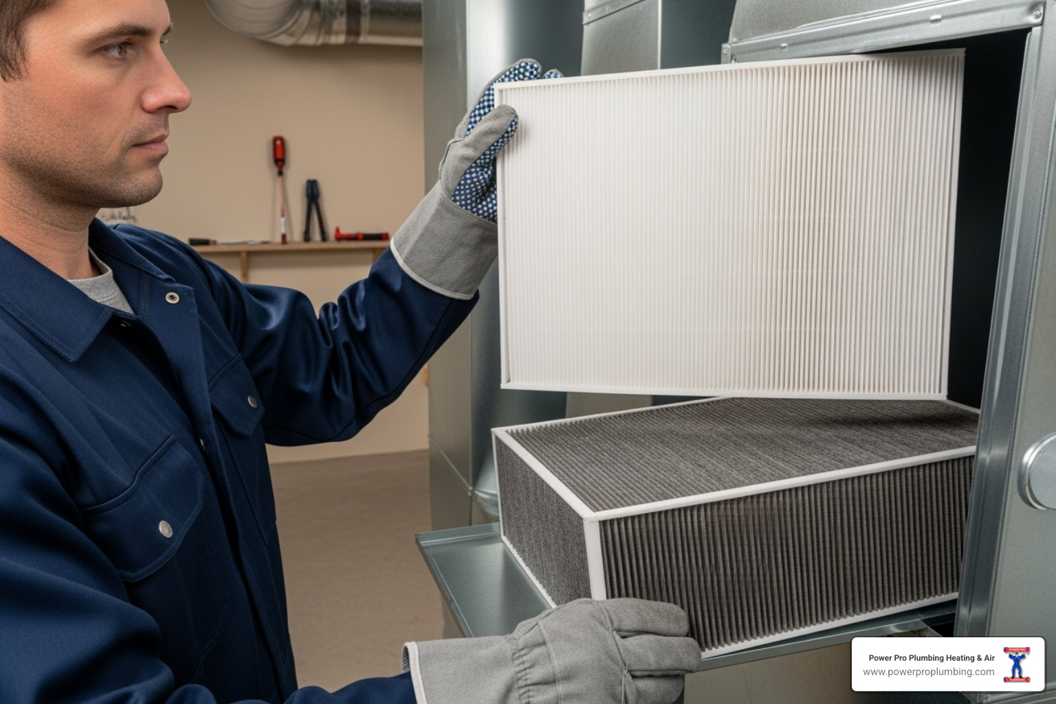 A technician wearing gloves and holding a new large air filter, preparing to replace an old, dirty filter in a whole-home air purification system - air purifier installation orange county