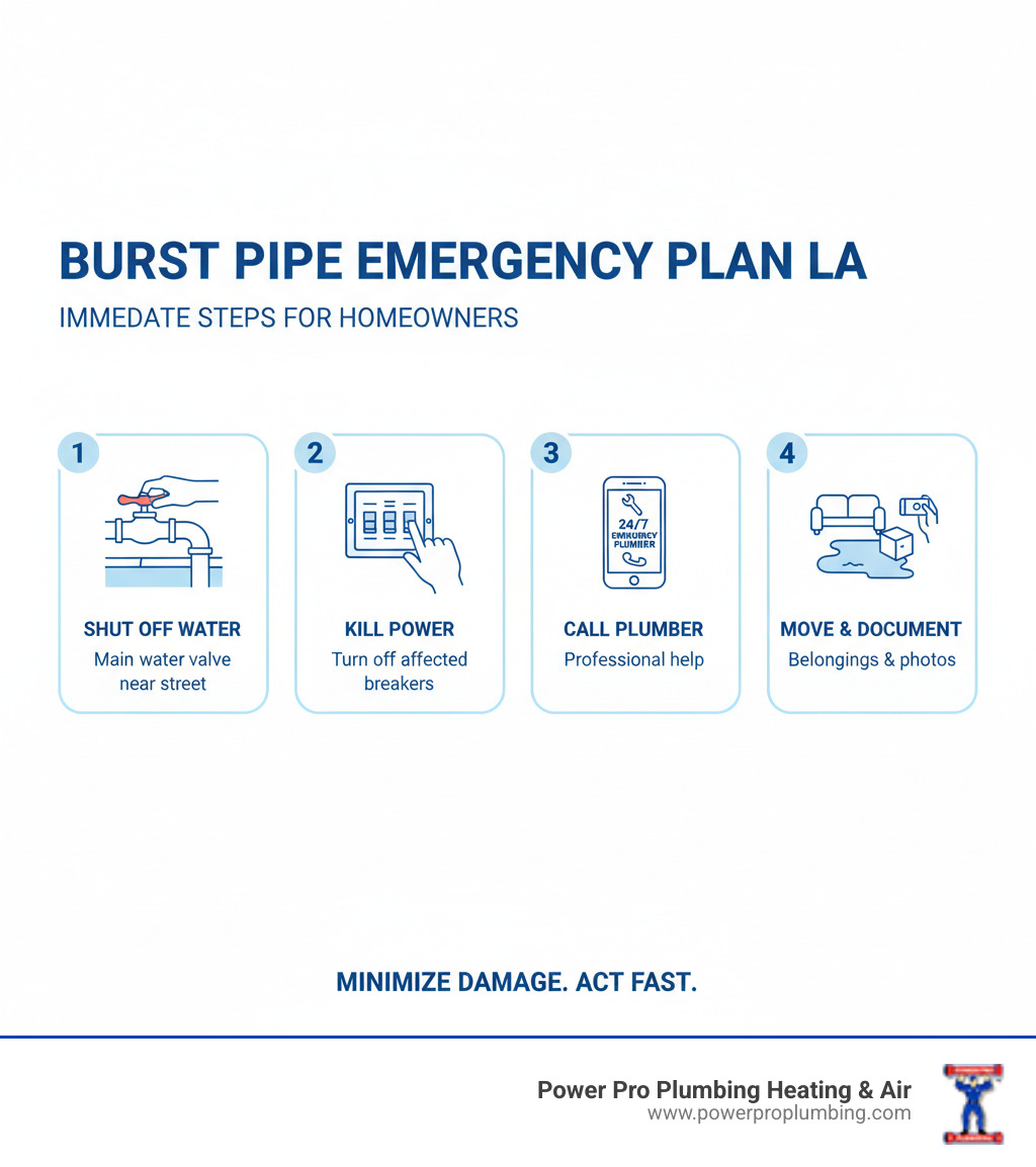 Infographic showing 4 immediate emergency steps when a pipe bursts in your Los Angeles home: Step 1 shows a hand turning off the main water shut-off valve near the street, Step 2 displays turning off electrical breakers to affected areas, Step 3 shows a phone with emergency plumber contact, and Step 4 illustrates moving furniture and belongings away from flooding while taking documentation photos - burst pipe repair los angeles infographic Infographic showing 4 immediate emergency steps when a pipe bursts in your Los Angeles home: Step 1 shows a hand turning off the main water shut-off valve near the street, Step 2 displays turning off electrical breakers to affected areas, Step 3 shows a phone with emergency plumber contact, and Step 4 illustrates moving furniture and belongings away from flooding while taking documentation photos - burst pipe repair los angeles infographic