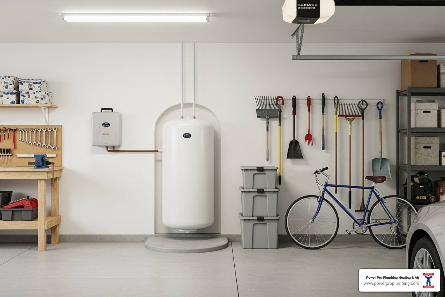 Compact tankless water heater mounted on a garage wall, saving space - tankless water heater installation los angeles Compact tankless water heater mounted on a garage wall, saving space - tankless water heater installation los angeles