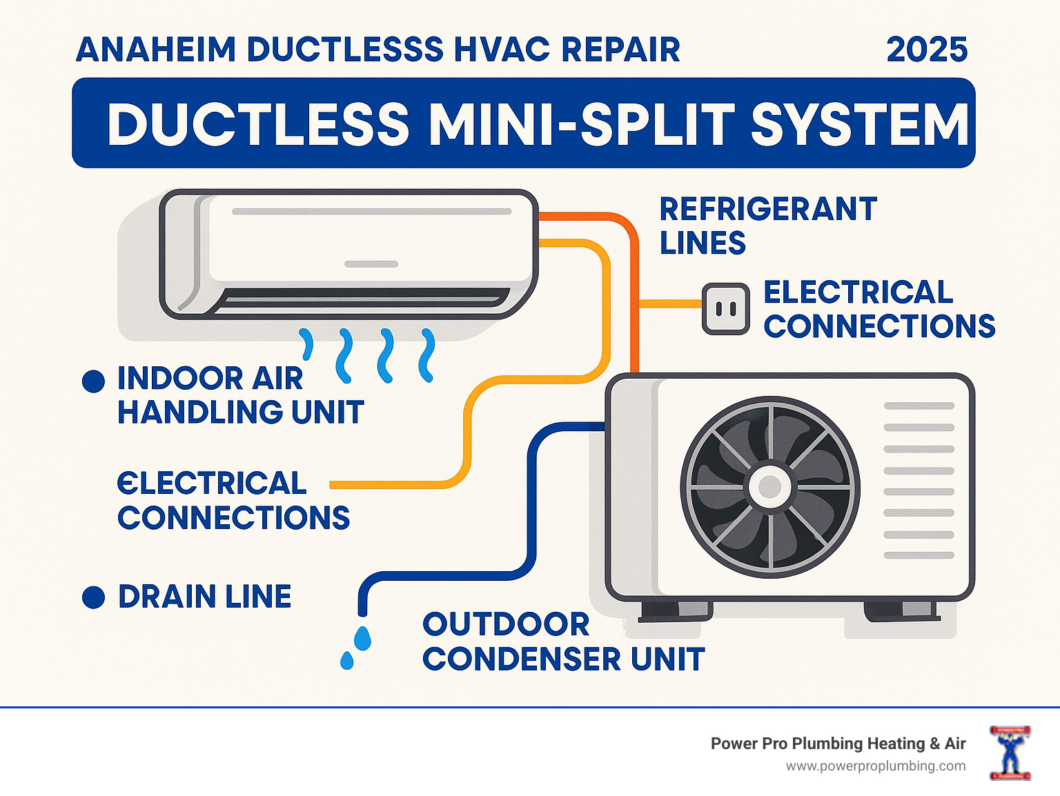 Infographic showing ductless mini-split system components: indoor air handling unit mounted on wall, outdoor condenser unit, refrigerant lines connecting the units, electrical connections, and drain line for condensation removal - anaheim ductless hvac repair infographic Infographic showing ductless mini-split system components: indoor air handling unit mounted on wall, outdoor condenser unit, refrigerant lines connecting the units, electrical connections, and drain line for condensation removal - anaheim ductless hvac repair infographic