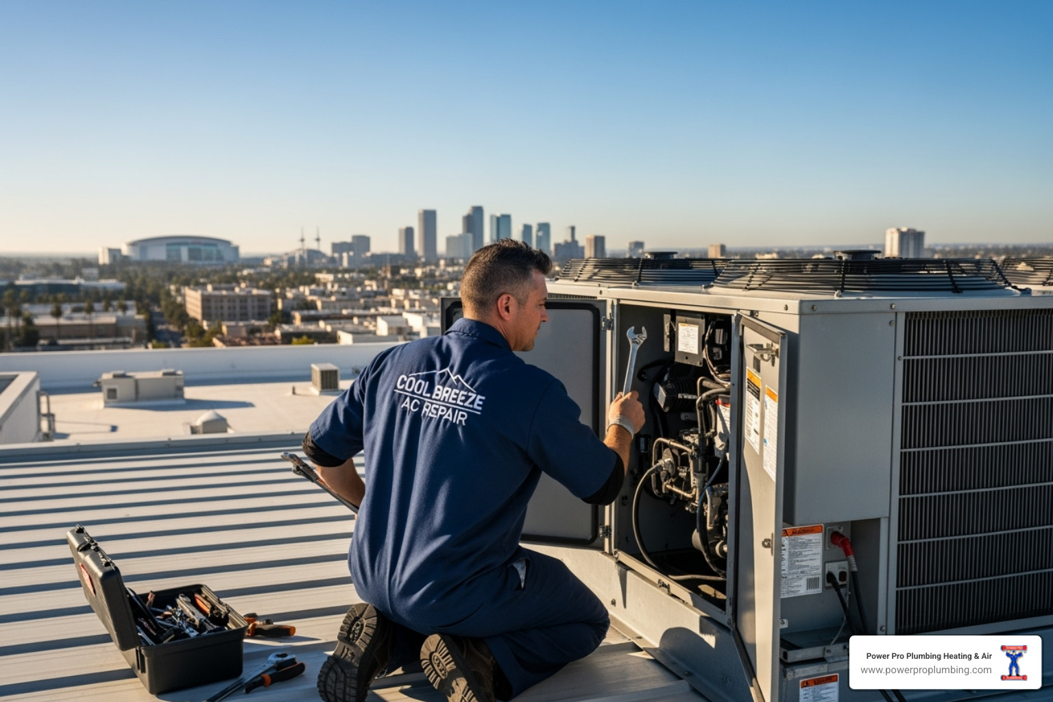 technician performing maintenance on a commercial rooftop AC unit - ac repair anaheim