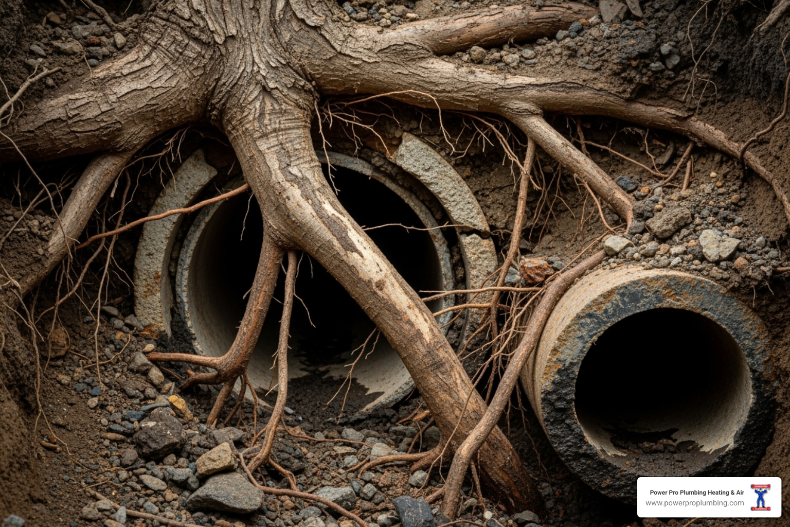 tree roots that have grown into and cracked a sewer pipe - emergency sewer backup los angeles