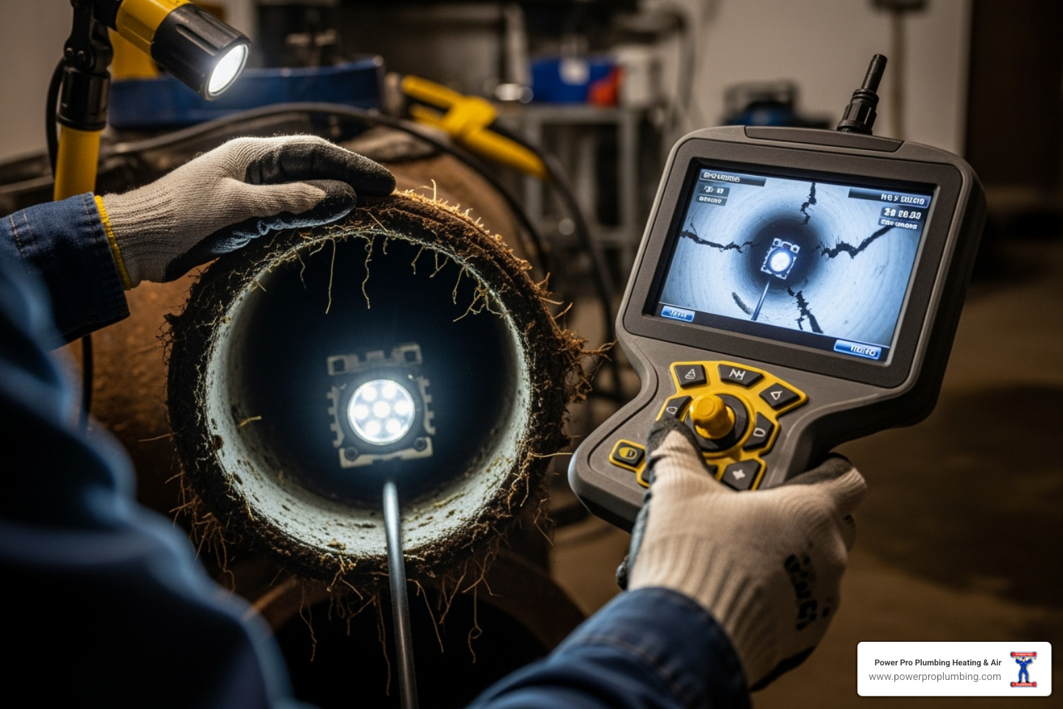 technician using a sewer camera inspection tool in a pipe - emergency sewer backup los angeles