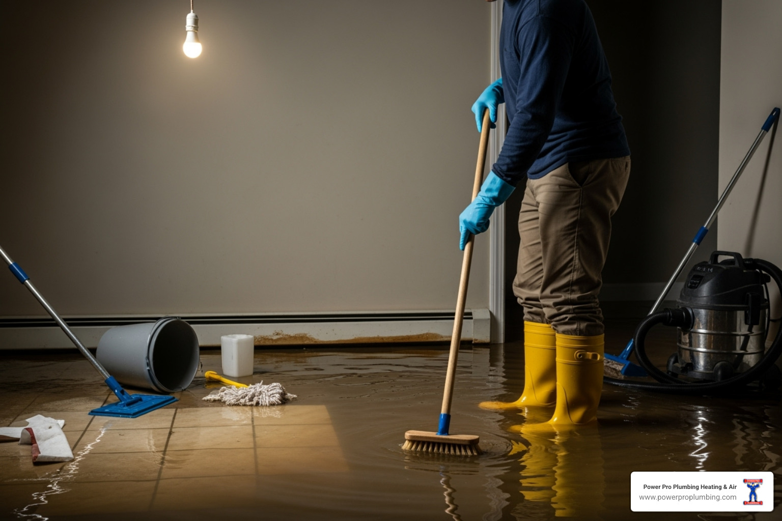 person wearing rubber boots and gloves standing near a flooded area - emergency sewer backup los angeles