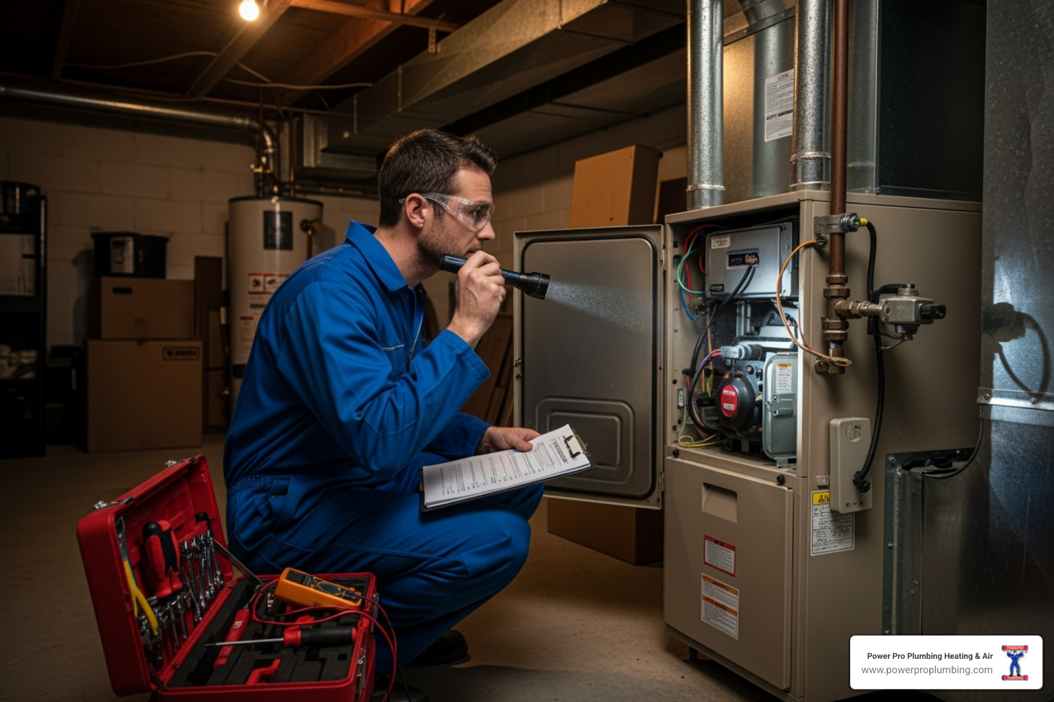 A technician inspecting a furnace unit - furnace maintenance los angeles