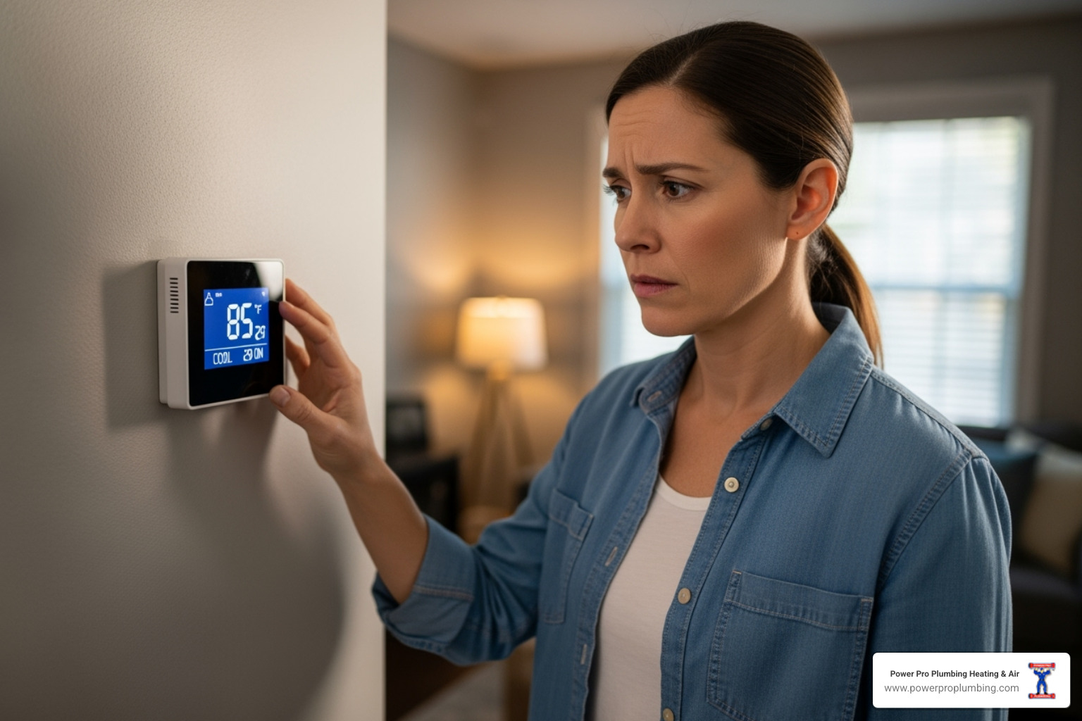 A homeowner looking concerned at their thermostat - furnace maintenance los angeles