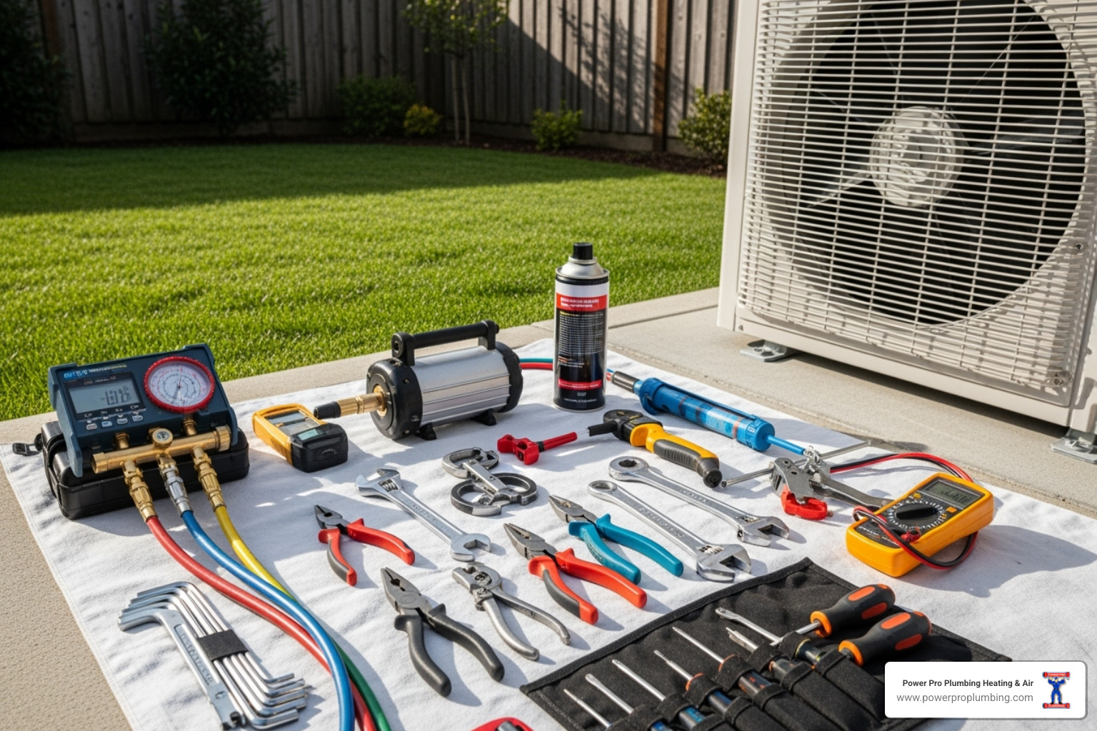 technician's toolset next to a heat pump unit - heat pump maintenance long beach