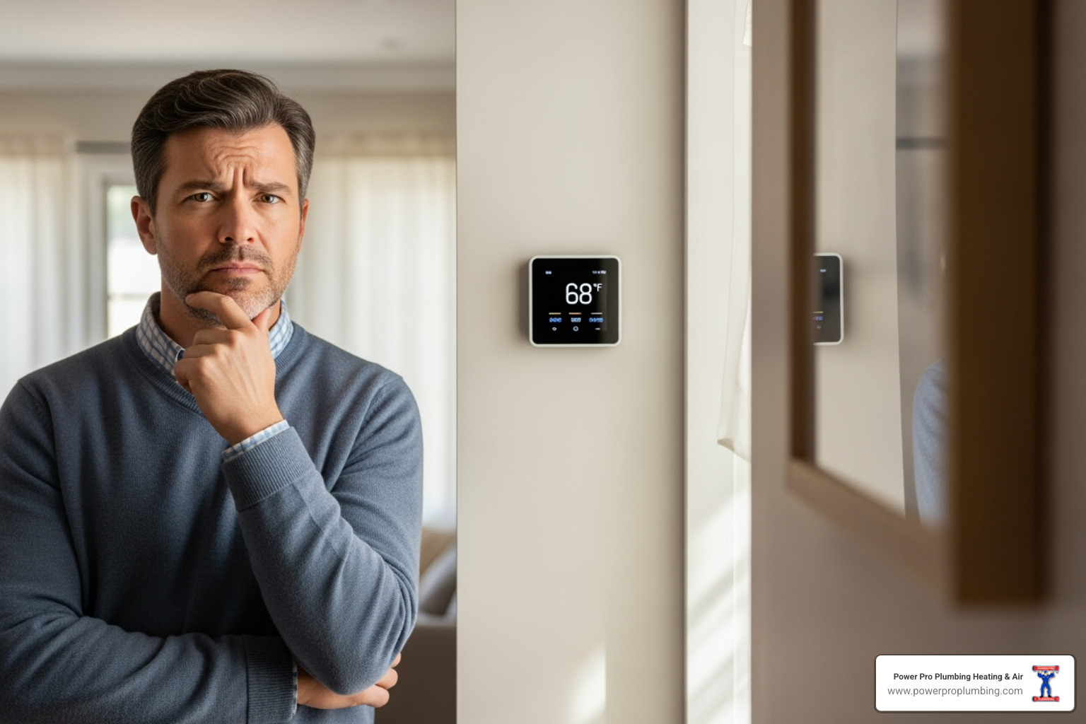 homeowner looking quizzically at their thermostat - heat pump maintenance long beach homeowner looking quizzically at their thermostat - heat pump maintenance long beach
