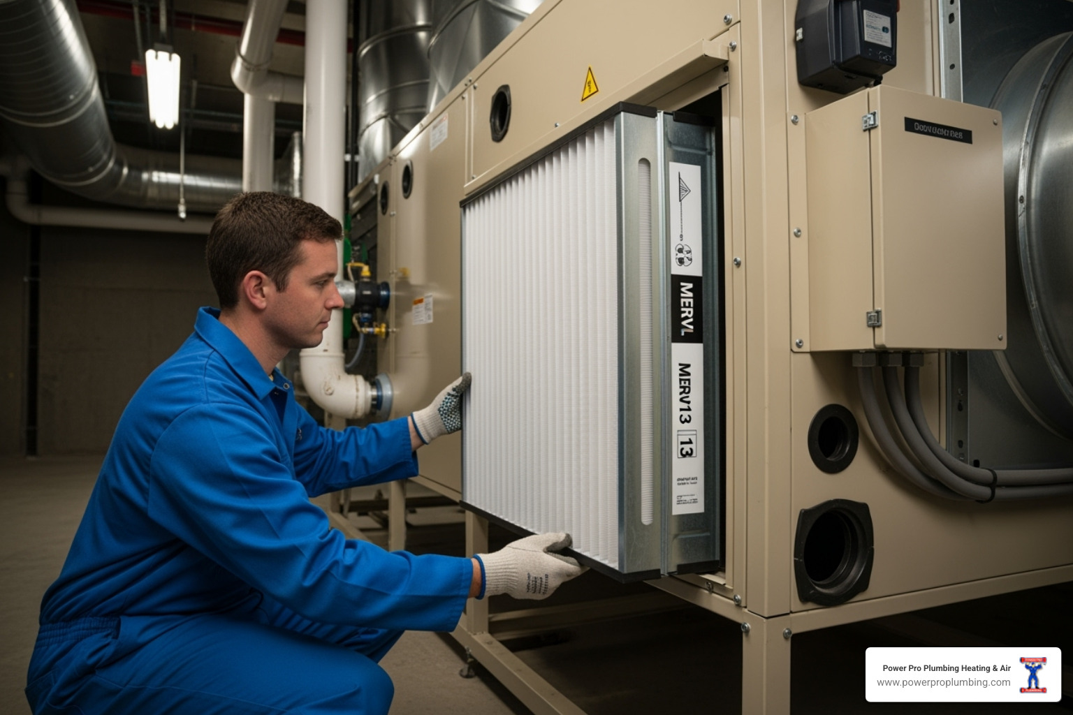 A high-efficiency commercial HVAC filter being installed - commercial iaq solutions gardena