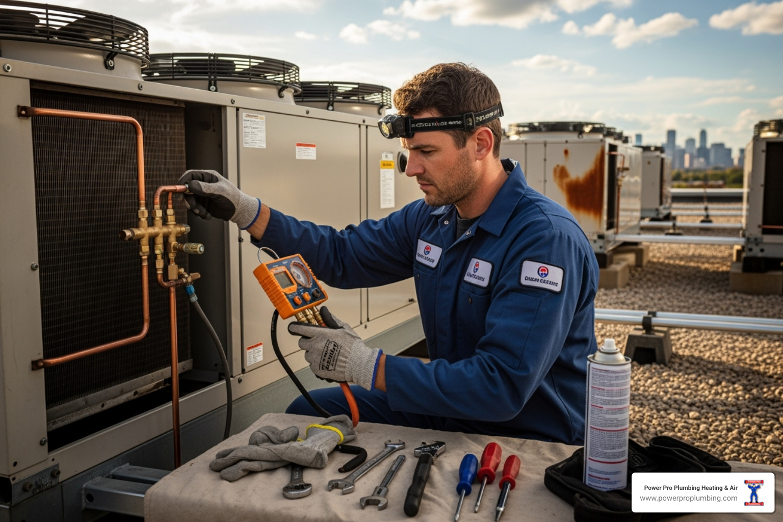 A Power Pro Plumbing Heating & Air technician performing maintenance on a commercial HVAC unit - commercial iaq solutions gardena