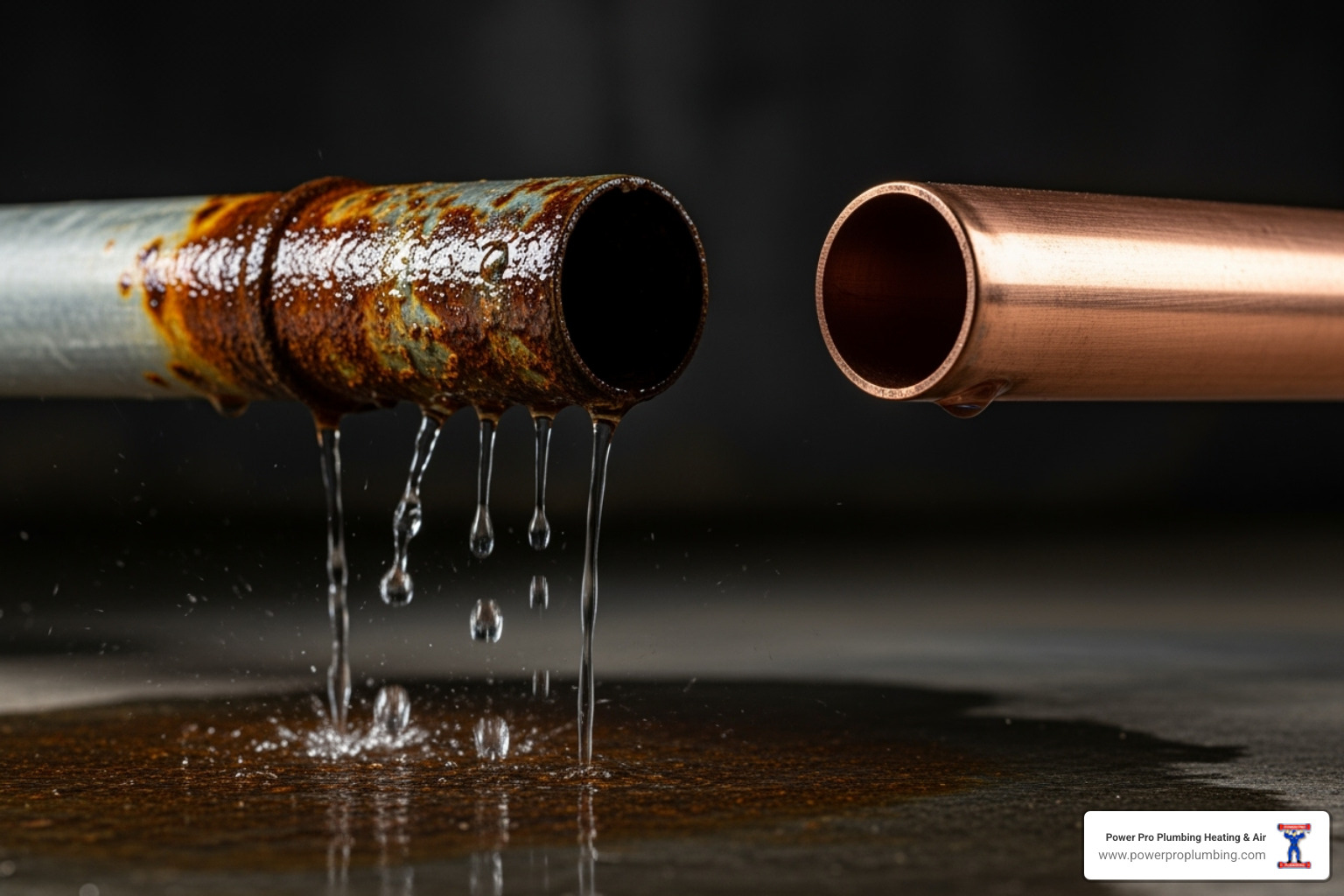 a corroded and leaking galvanized pipe next to a clean new copper pipe - copper repiping service los angeles