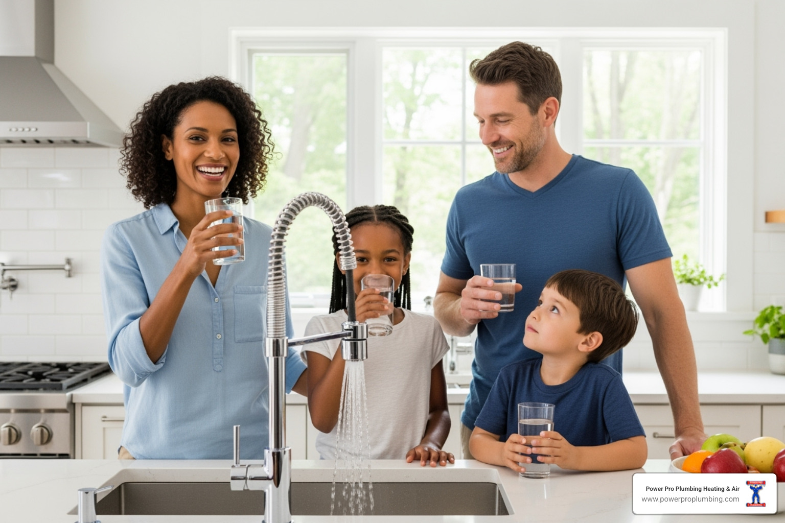 a happy family in their kitchen, enjoying clean water - copper repiping service los angeles