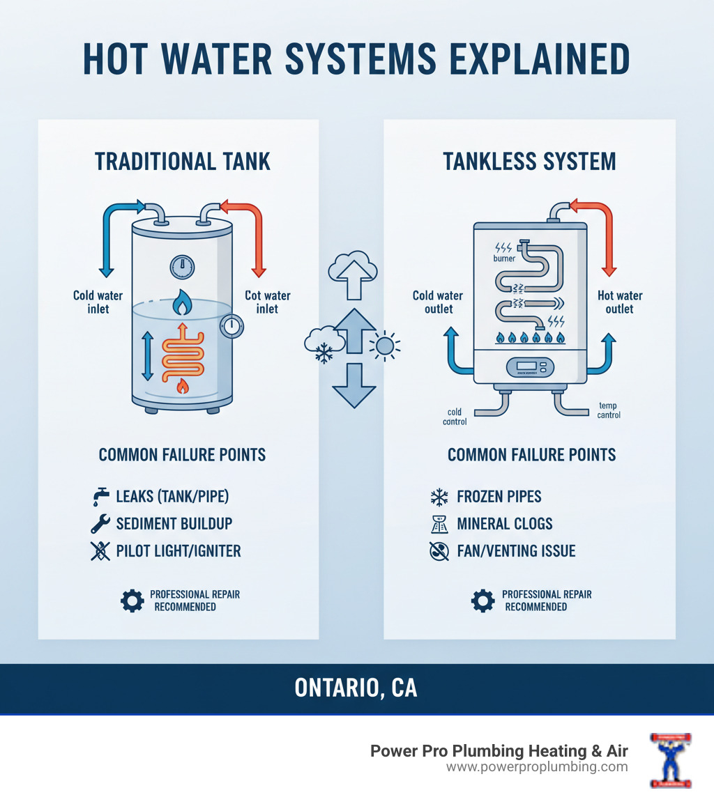 Detailed infographic showing the internal components and operation of both traditional tank water heaters and tankless systems, including heating elements, gas burners, temperature controls, and common failure points that require professional repair - water heater repair ontario ca infographic 