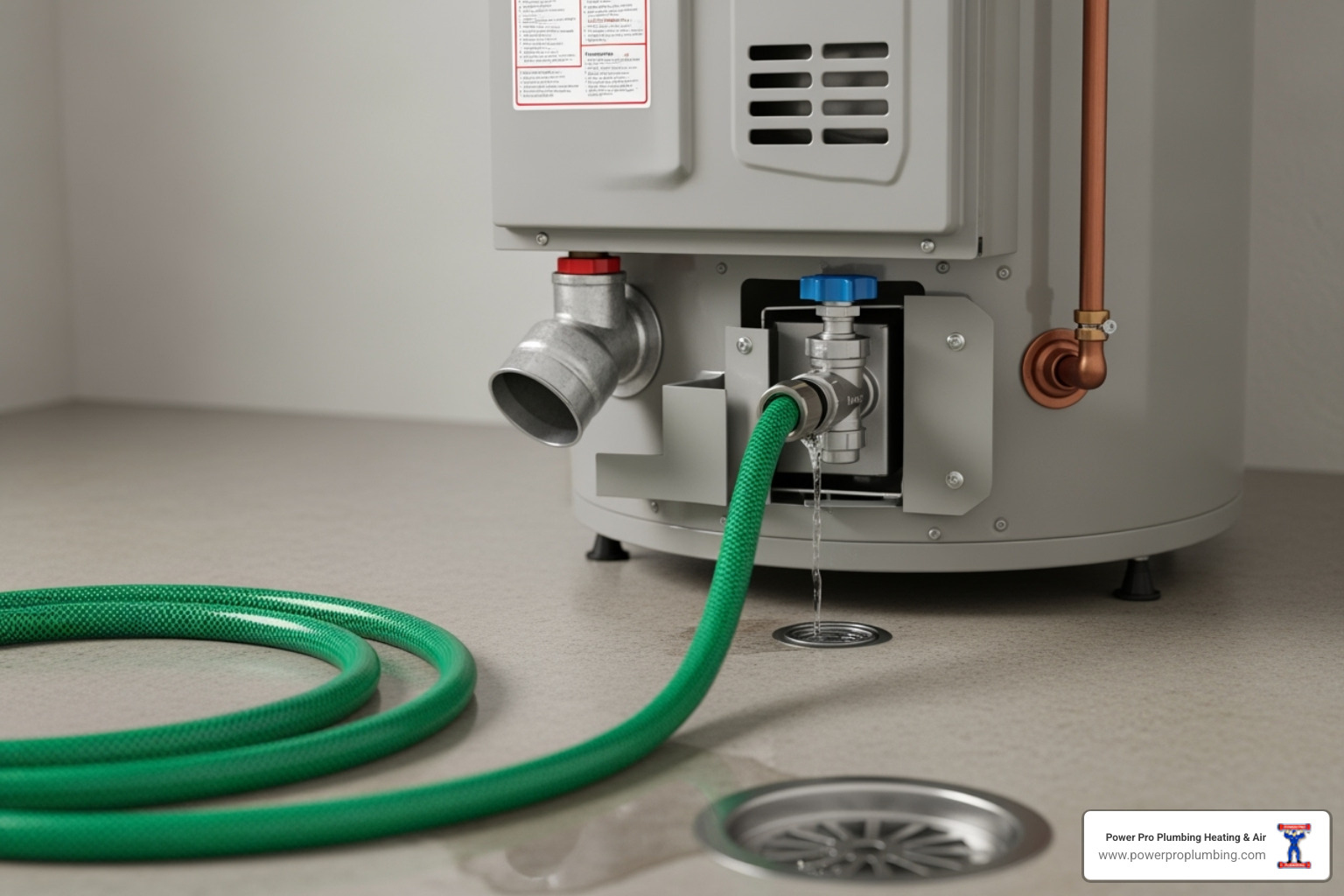 Hose connected to a water heater's drain valve for flushing - gas hot water heater repairs