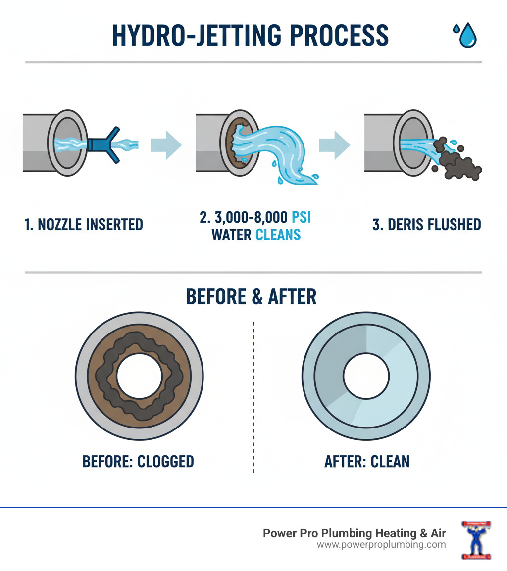 Infographic showing hydro-jetting process: high-pressure water nozzle inserted into pipe, water stream at 3,000-8,000 PSI scouring pipe walls clean, debris flushed downstream, and before/after comparison of clogged vs. clean pipe interior - hydro‑jetting orange county infographic 
