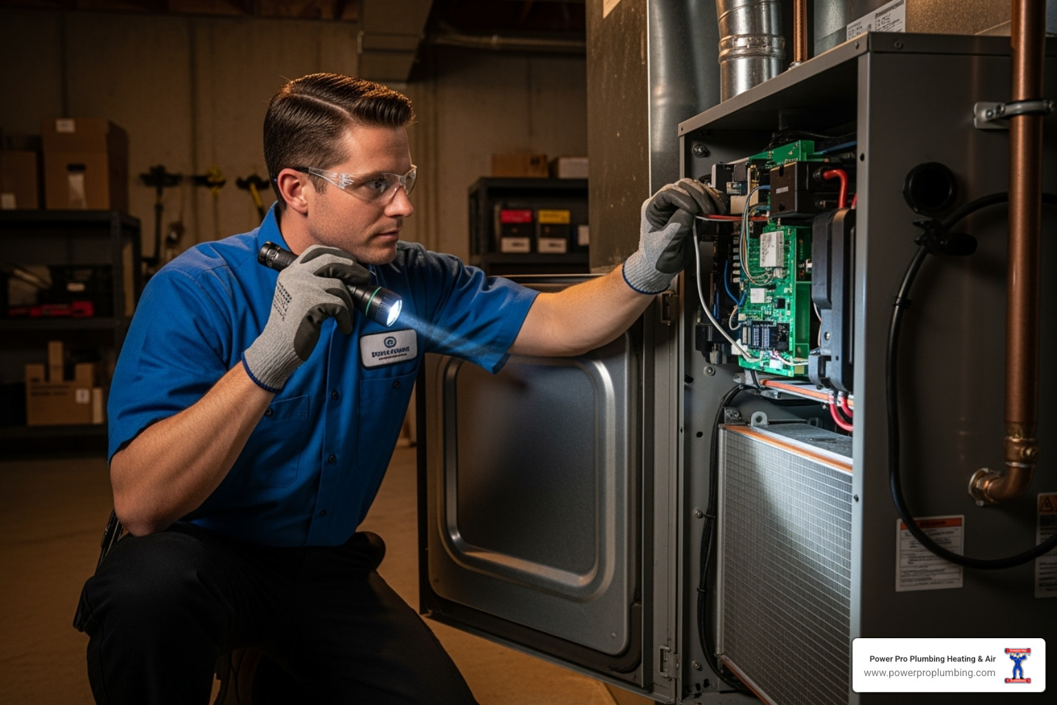 A professional HVAC technician wearing gloves and safety glasses, inspecting the internal components of a furnace unit with a flashlight, demonstrating careful and expert examination. - furnace repair orange county