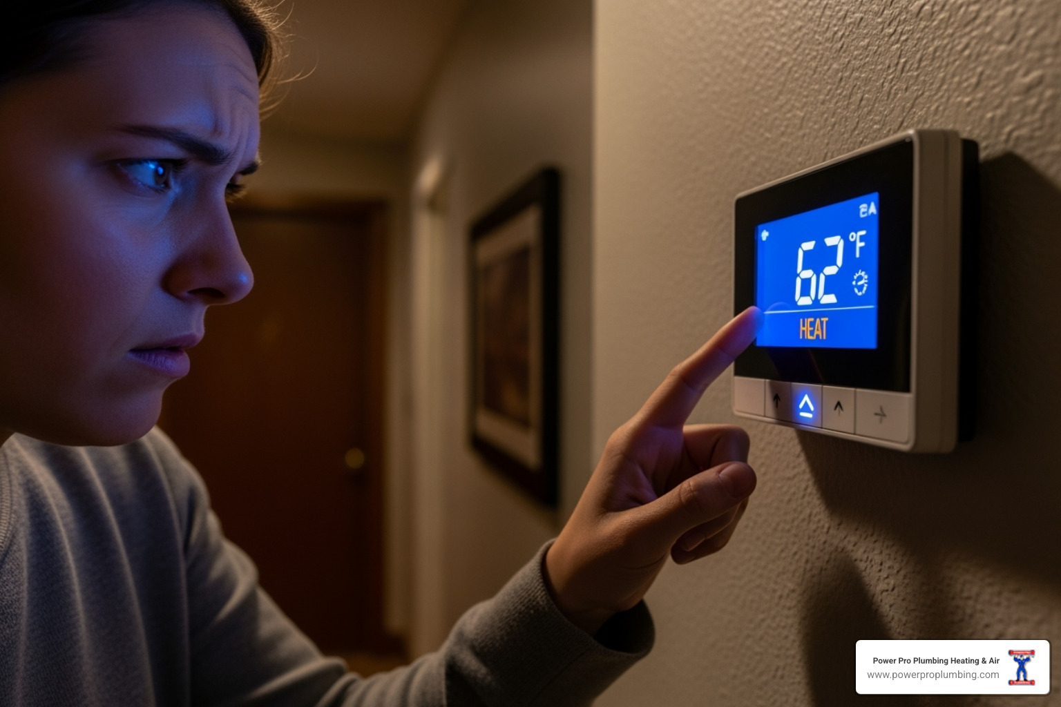 A homeowner looking concerned at their thermostat - heat pump repair orange county