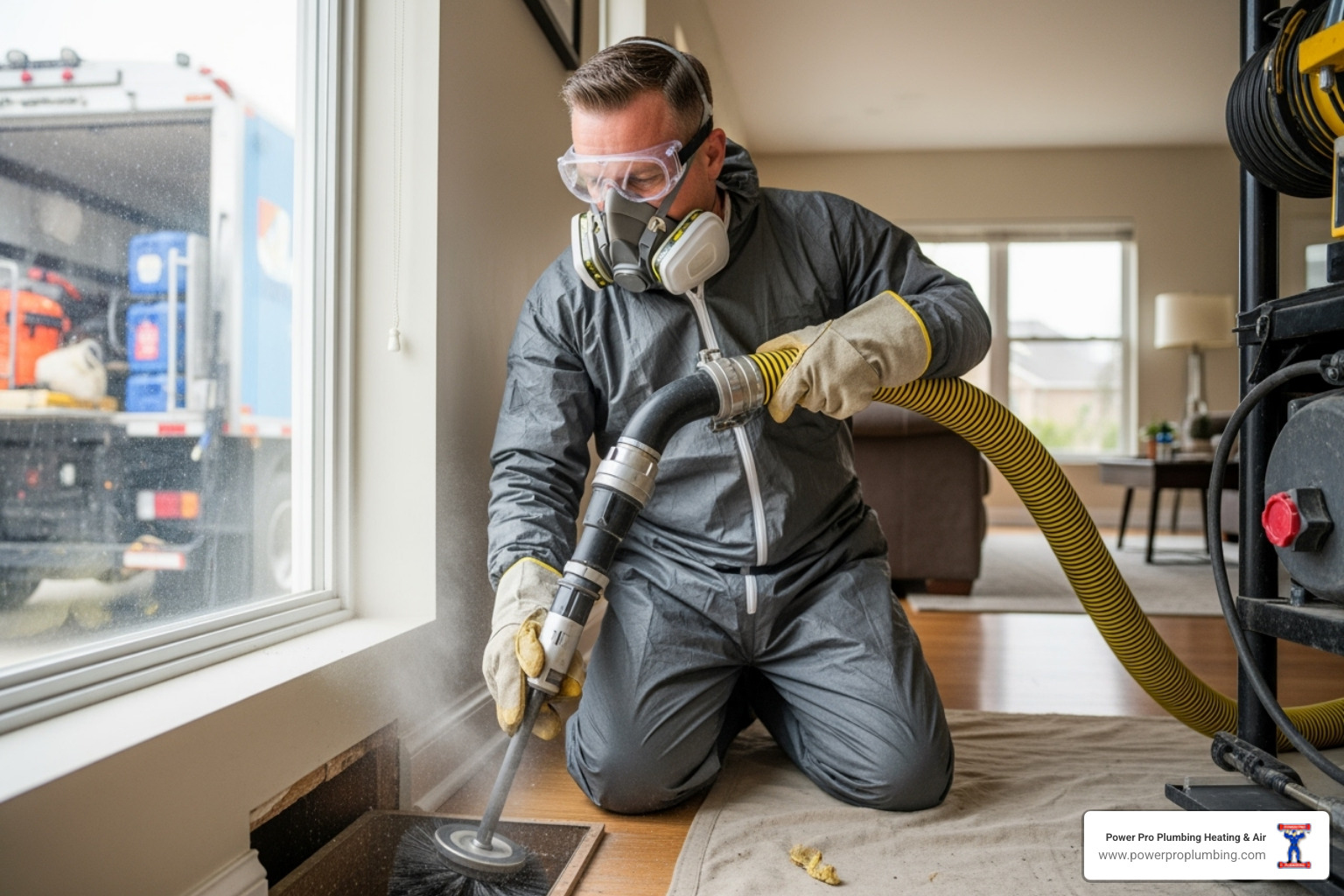 A certified air duct cleaning technician wearing protective gear, operating a high-powered, truck-mounted vacuum system with a long hose and specialized rotating brush attachment inserted into a residential air duct opening, demonstrating thorough and professional cleaning - duct cleaning service los angeles A certified air duct cleaning technician wearing protective gear, operating a high-powered, truck-mounted vacuum system with a long hose and specialized rotating brush attachment inserted into a residential air duct opening, demonstrating thorough and professional cleaning - duct cleaning service los angeles