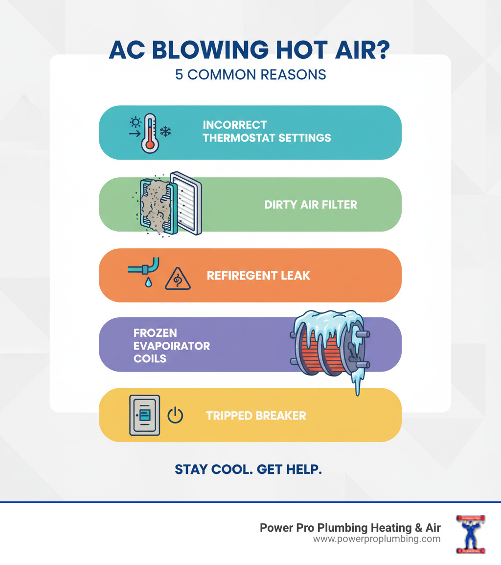 infographic showing the 5 most common reasons an AC blows hot air: incorrect thermostat settings with icon of thermostat on wrong mode, dirty air filter with clogged filter illustration, refrigerant leak with refrigerant line and leak symbol, frozen evaporator coils with ice buildup graphic, and tripped breaker with electrical panel icon - AC blowing hot air infographic 
