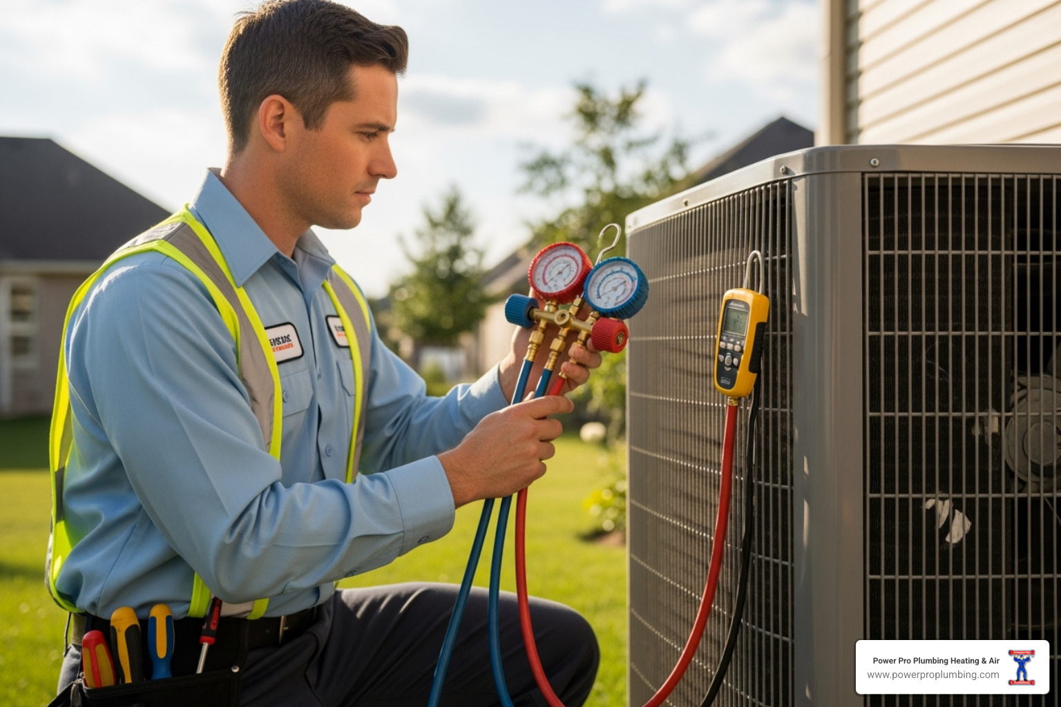 HVAC technician checking refrigerant levels on an outdoor unit - AC blowing hot air