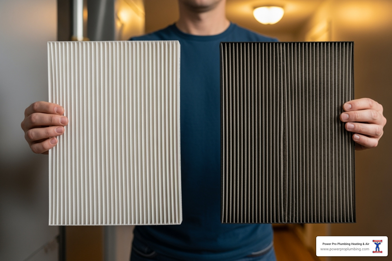 homeowner holding up a clean air filter next to a dirty one - AC blowing hot air