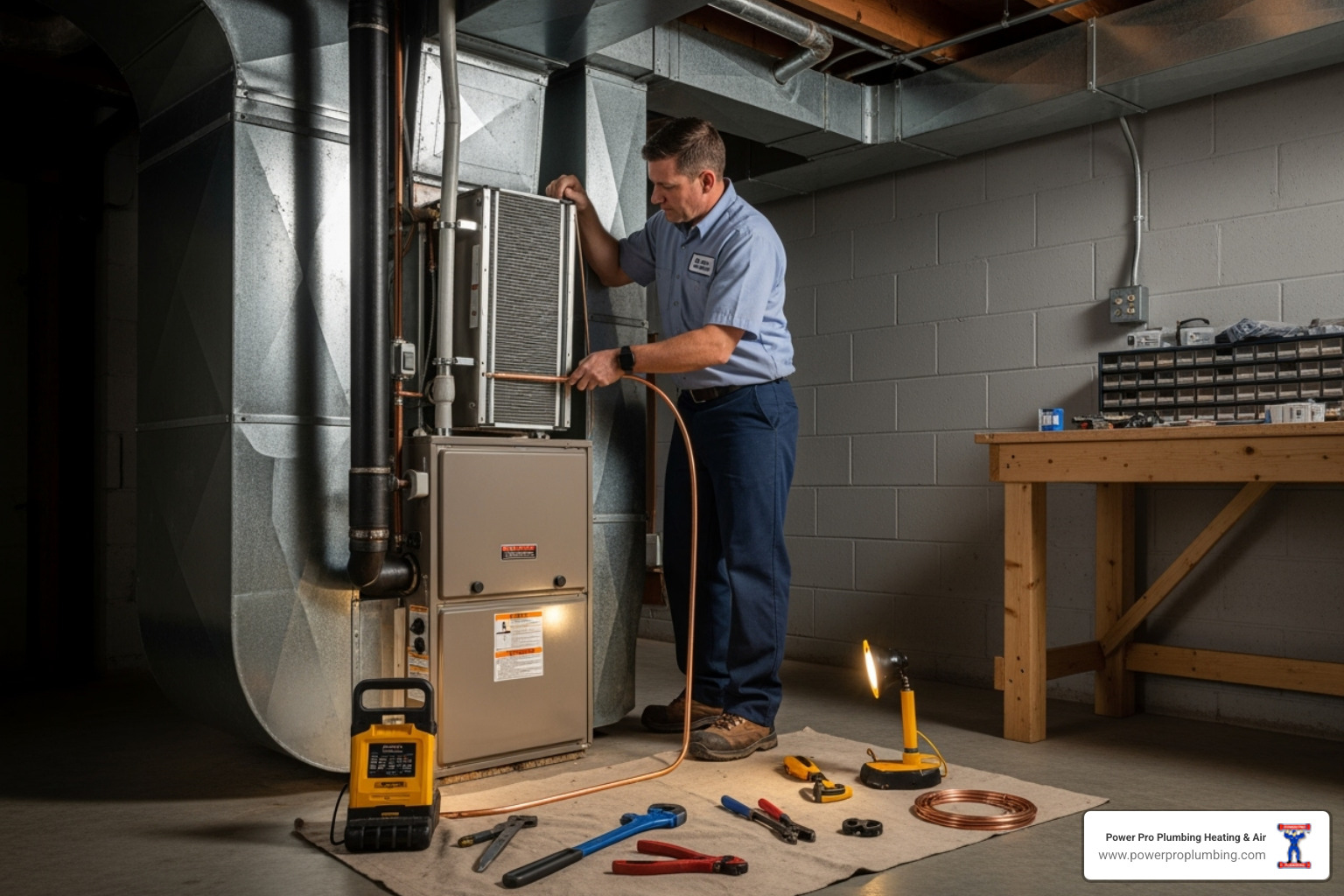 HVAC technician installing an evaporator coil on a furnace - add central air to house HVAC technician installing an evaporator coil on a furnace - add central air to house