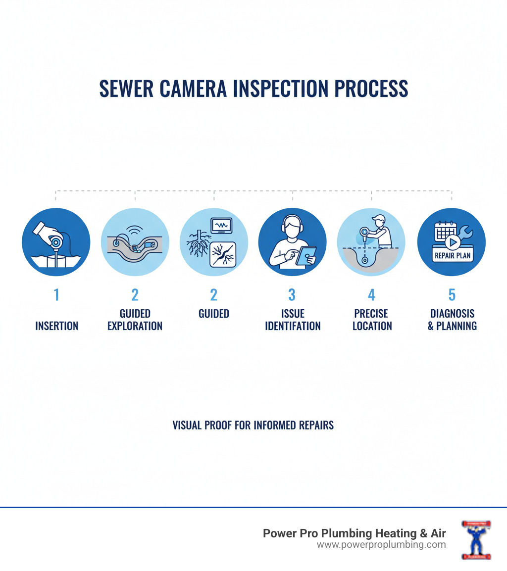 Infographic showing the sewer camera inspection process: 1) Camera inserted through cleanout access point, 2) Flexible cable pushes camera through pipe while transmitting video, 3) Technician watches monitor to identify issues like roots or cracks, 4) Locator device pinpoints exact location from above ground, 5) Recorded footage used for diagnosis and repair planning - Camera for sewer infographic 