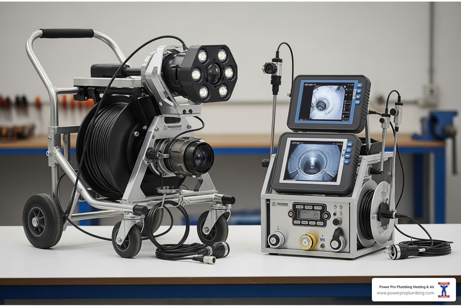 Two different-sized sewer camera systems side-by-side - Camera for sewer