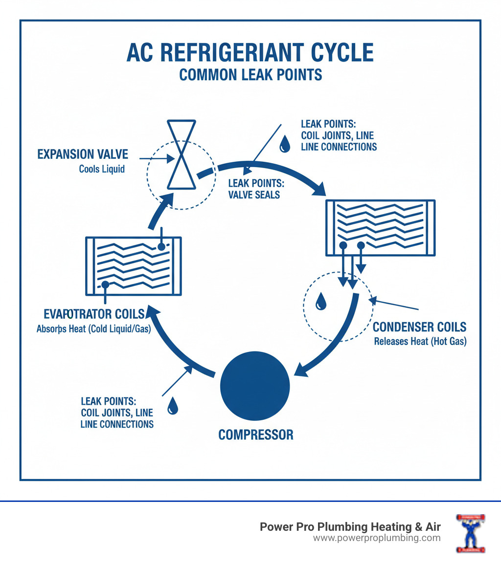infographic showing the refrigerant cycle in an air conditioning system, with labeled components including the compressor, condenser coils, evaporator coils, and expansion valve, plus arrows indicating refrigerant flow and common leak points at line connections, coil joints, and valve seals - how to detect air conditioner leak infographic infographic showing the refrigerant cycle in an air conditioning system, with labeled components including the compressor, condenser coils, evaporator coils, and expansion valve, plus arrows indicating refrigerant flow and common leak points at line connections, coil joints, and valve seals - how to detect air conditioner leak infographic