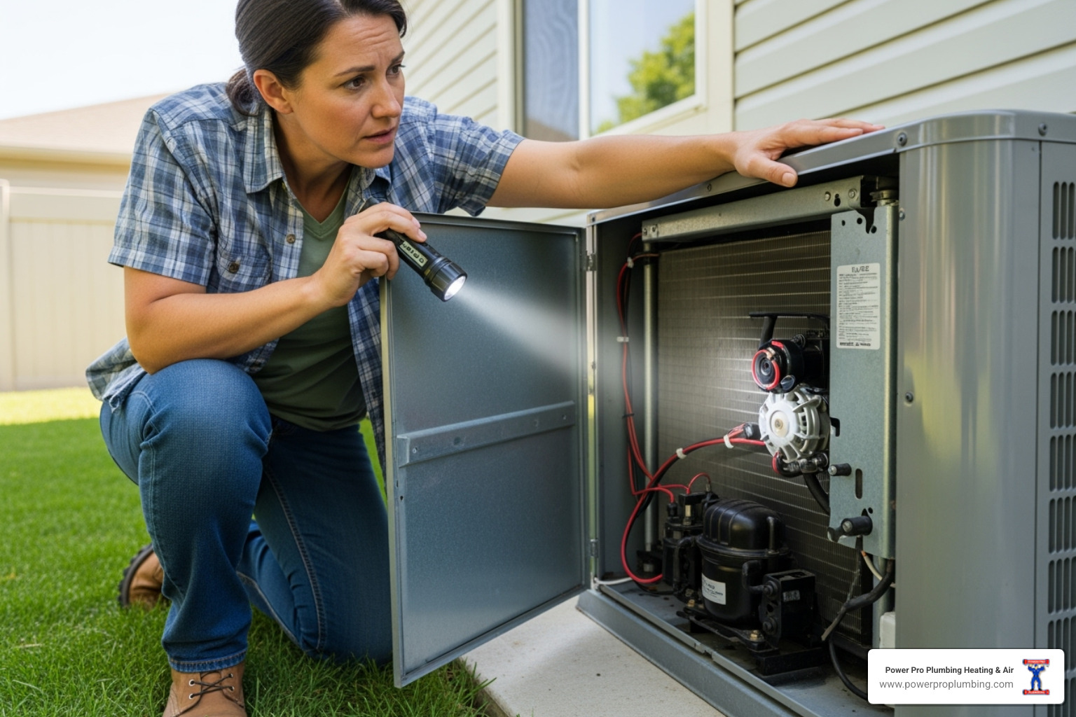 homeowner inspecting their outdoor AC unit - how to detect air conditioner leak homeowner inspecting their outdoor AC unit - how to detect air conditioner leak