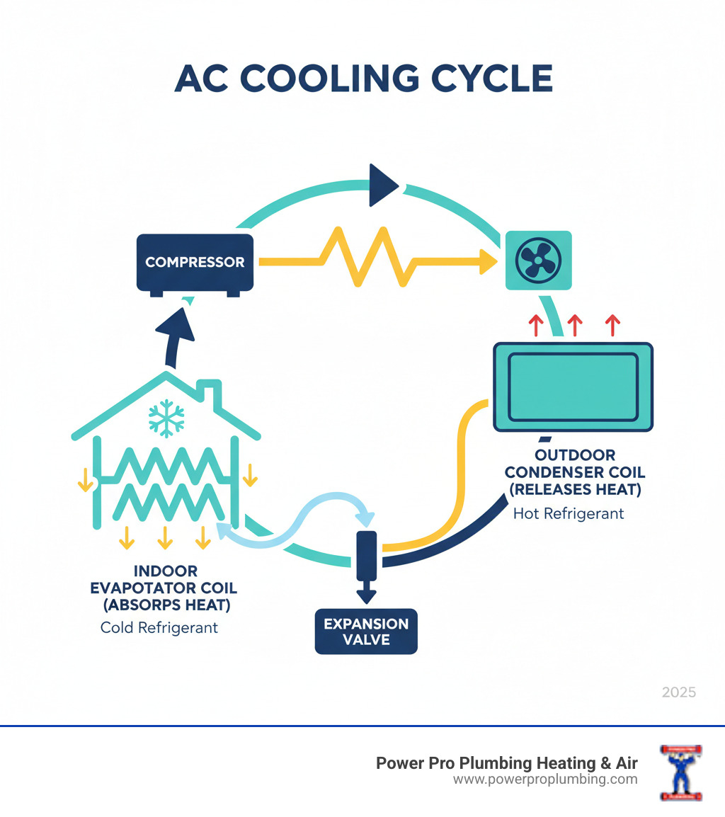 infographic showing the AC cooling cycle with compressor pumping refrigerant to the condenser where heat is released outside, then to the expansion valve, and finally to the indoor evaporator coil where it absorbs heat before returning to the compressor - ac compressor maintenance infographic infographic showing the AC cooling cycle with compressor pumping refrigerant to the condenser where heat is released outside, then to the expansion valve, and finally to the indoor evaporator coil where it absorbs heat before returning to the compressor - ac compressor maintenance infographic
