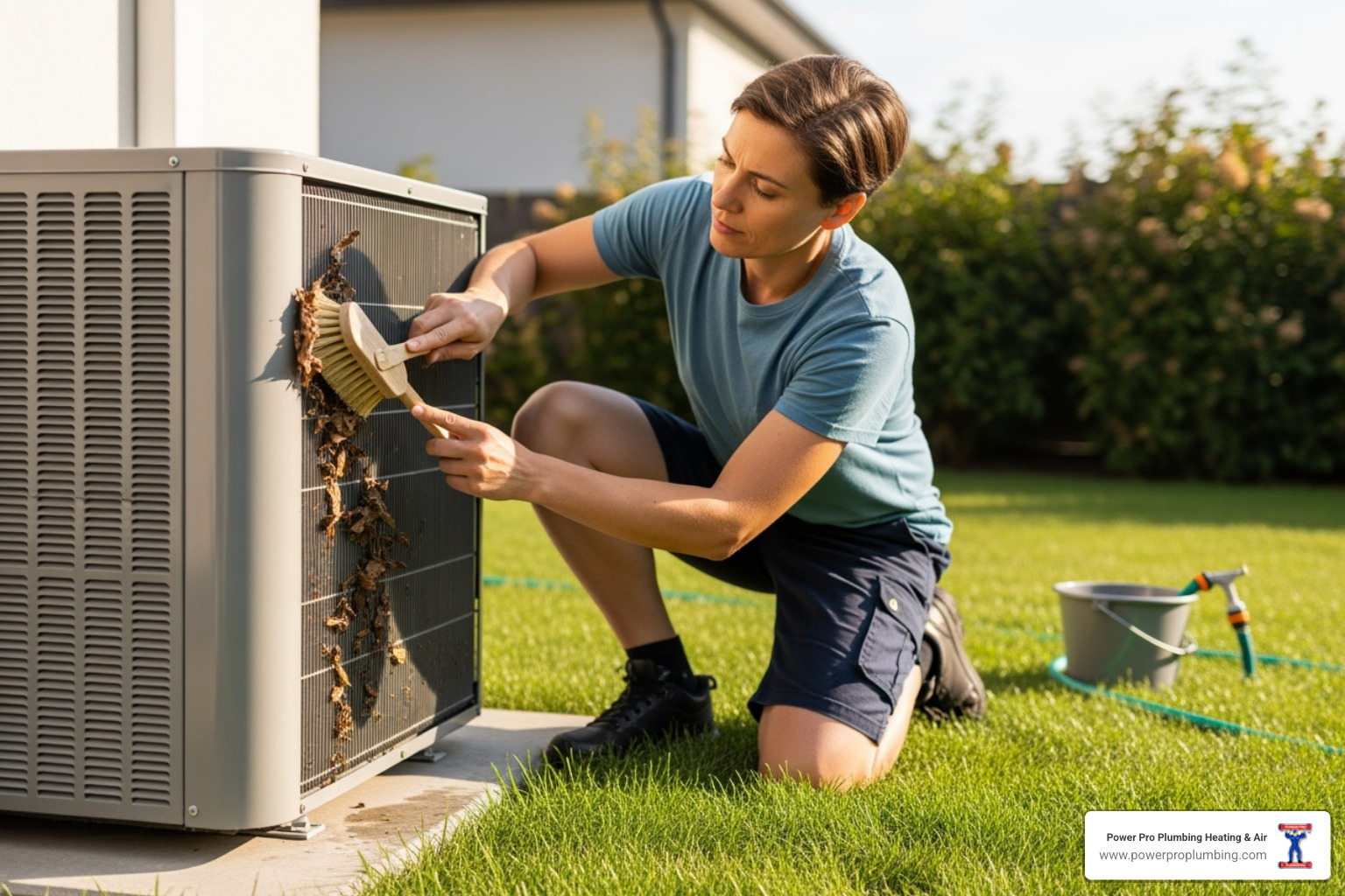 homeowner gently using a soft brush on AC condenser fins - ac compressor maintenance homeowner gently using a soft brush on AC condenser fins - ac compressor maintenance